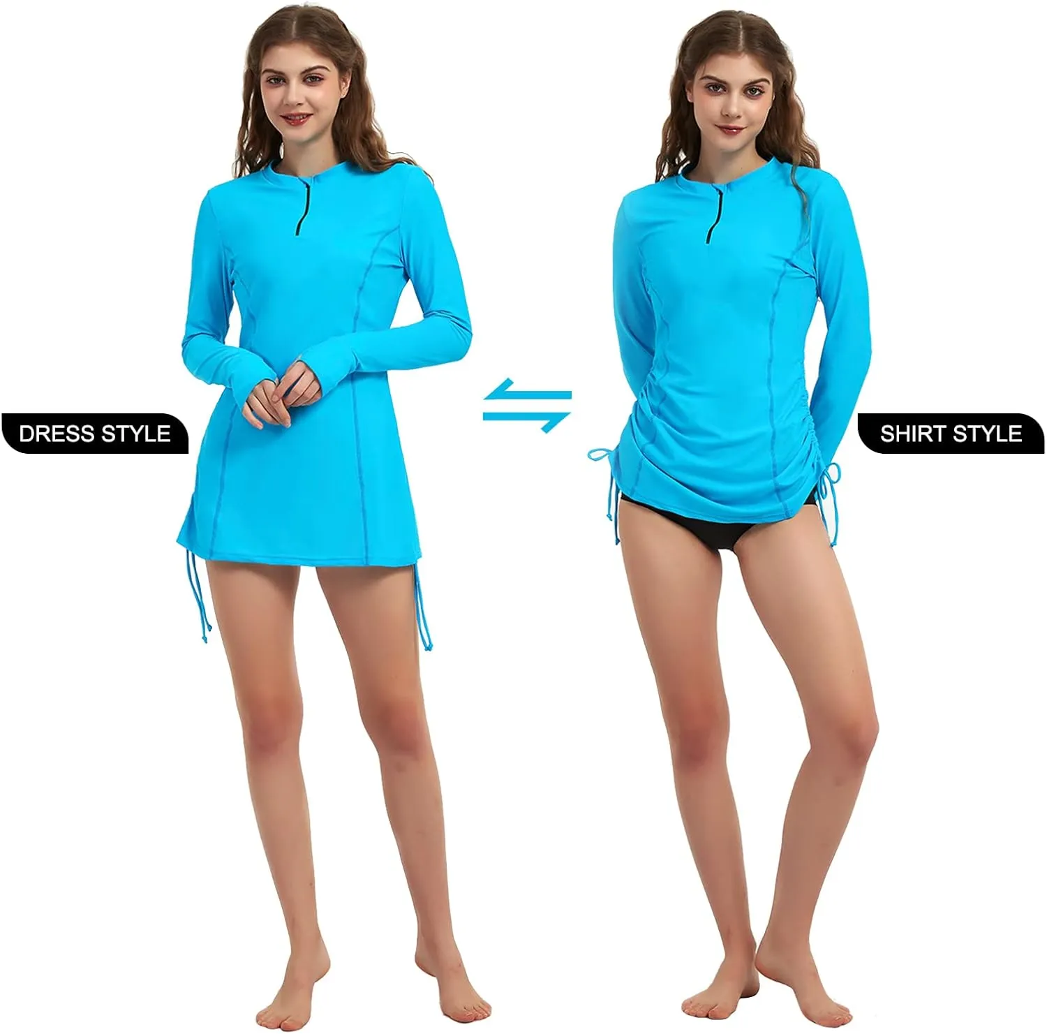 Women's Rash Guard Long Sleeve Sun Protection Clothing Half Zip Swim Shirt Side Adjustable Swimsuit Tops
