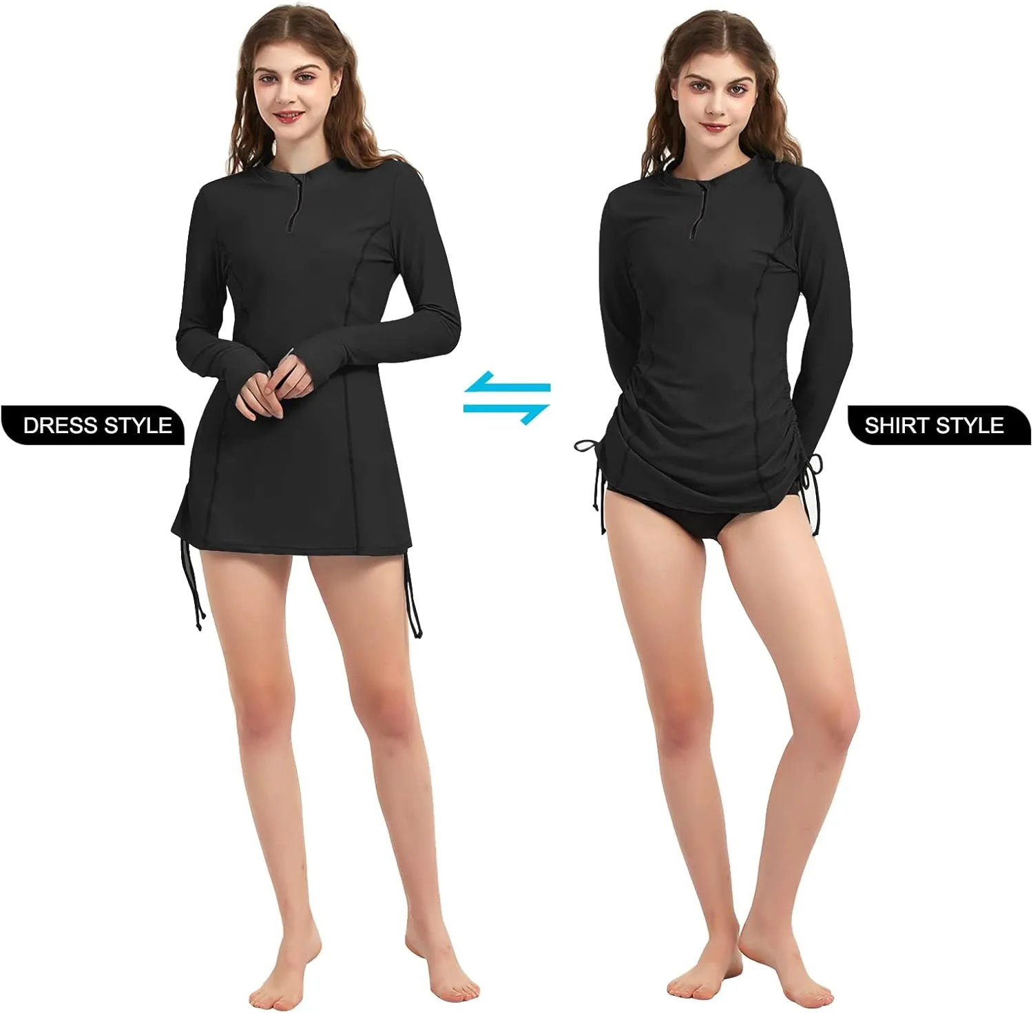 Women's Rash Guard Long Sleeve Sun Protection Clothing Half Zip Swim Shirt Side Adjustable Swimsuit Tops