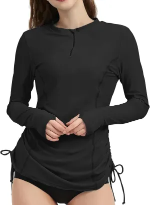 Women's Rash Guard Long Sleeve Sun Protection Clothing Half Zip Swim Shirt Side Adjustable Swimsuit Tops