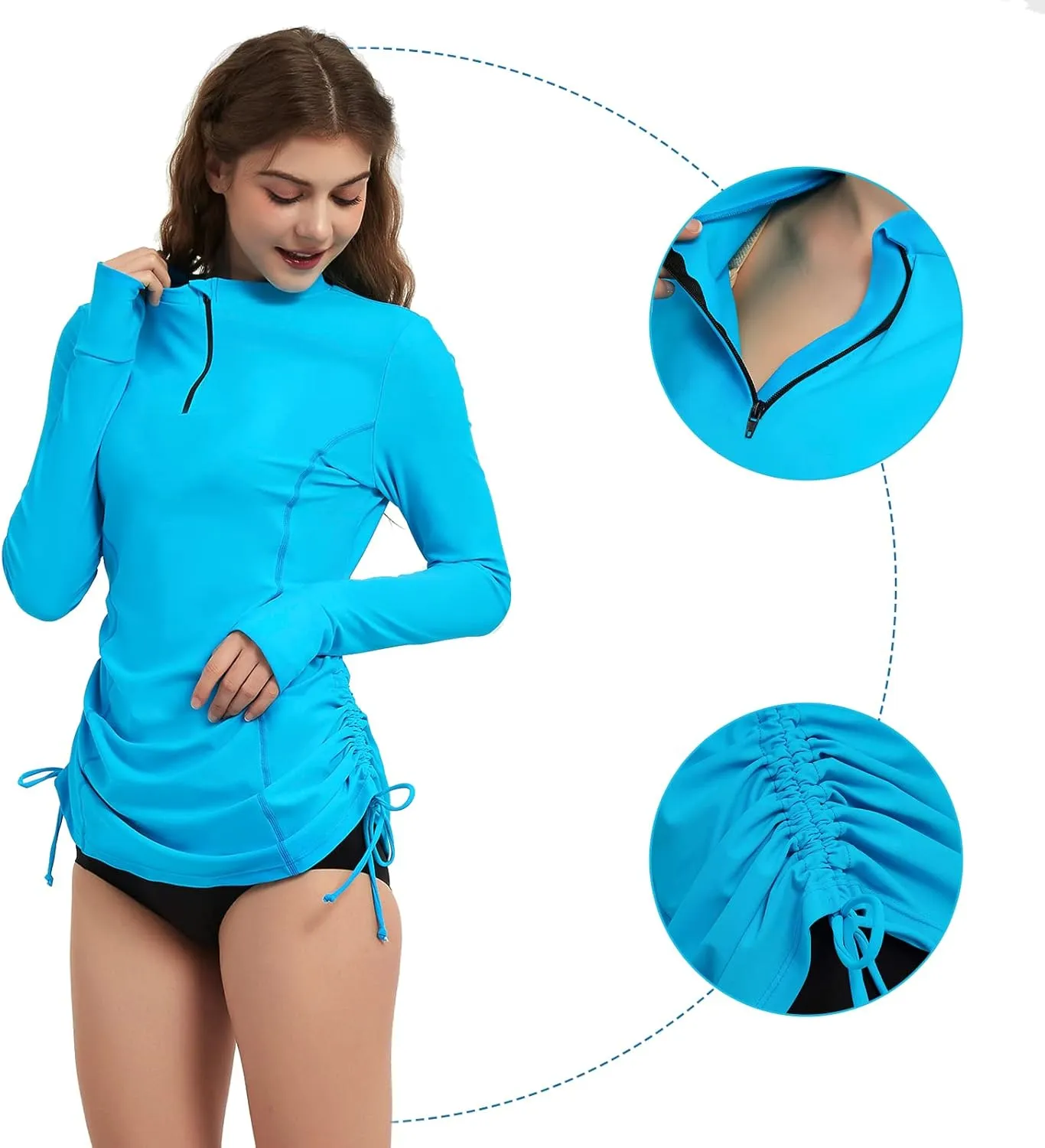 Women's Rash Guard Long Sleeve Sun Protection Clothing Half Zip Swim Shirt Side Adjustable Swimsuit Tops
