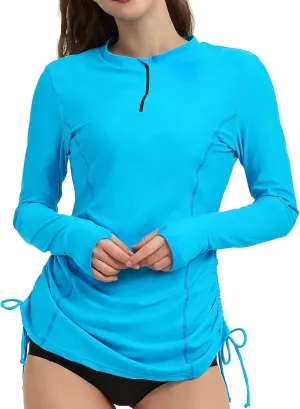 Women's Rash Guard Long Sleeve Sun Protection Clothing Half Zip Swim Shirt Side Adjustable Swimsuit Tops