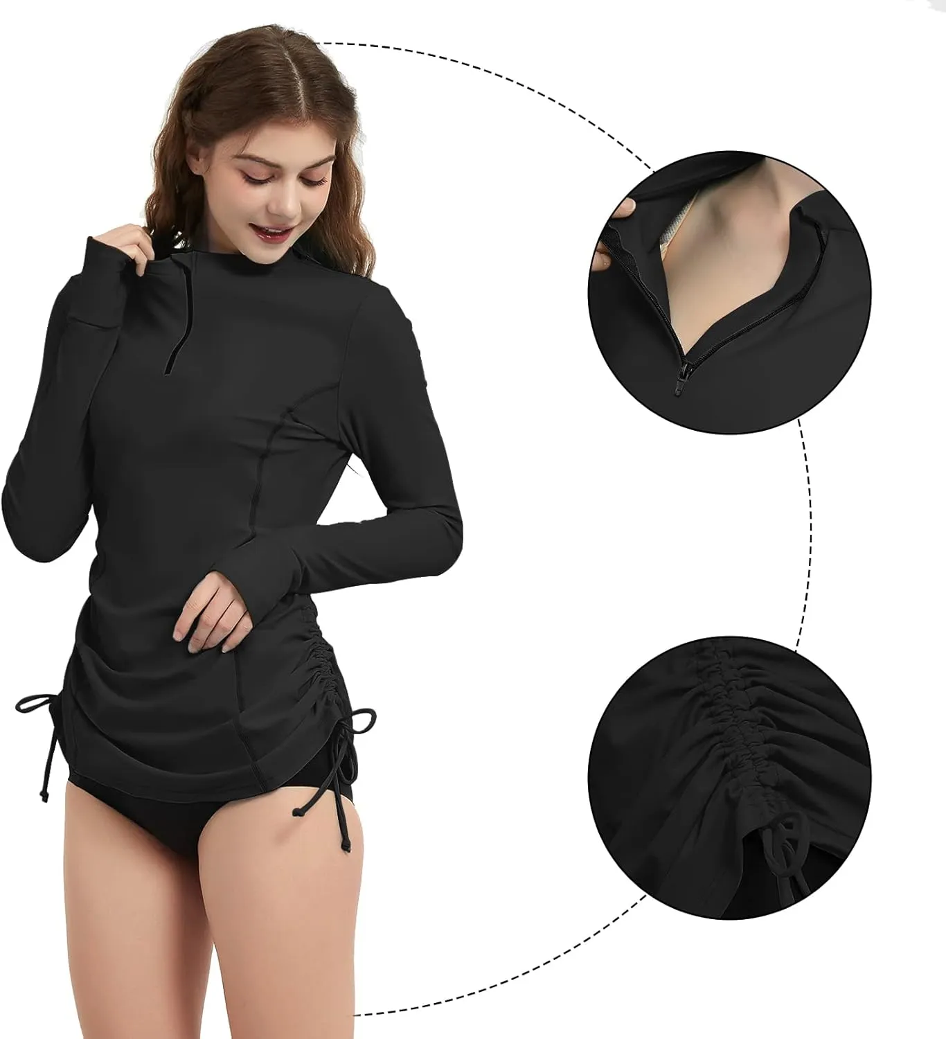 Women's Rash Guard Long Sleeve Sun Protection Clothing Half Zip Swim Shirt Side Adjustable Swimsuit Tops