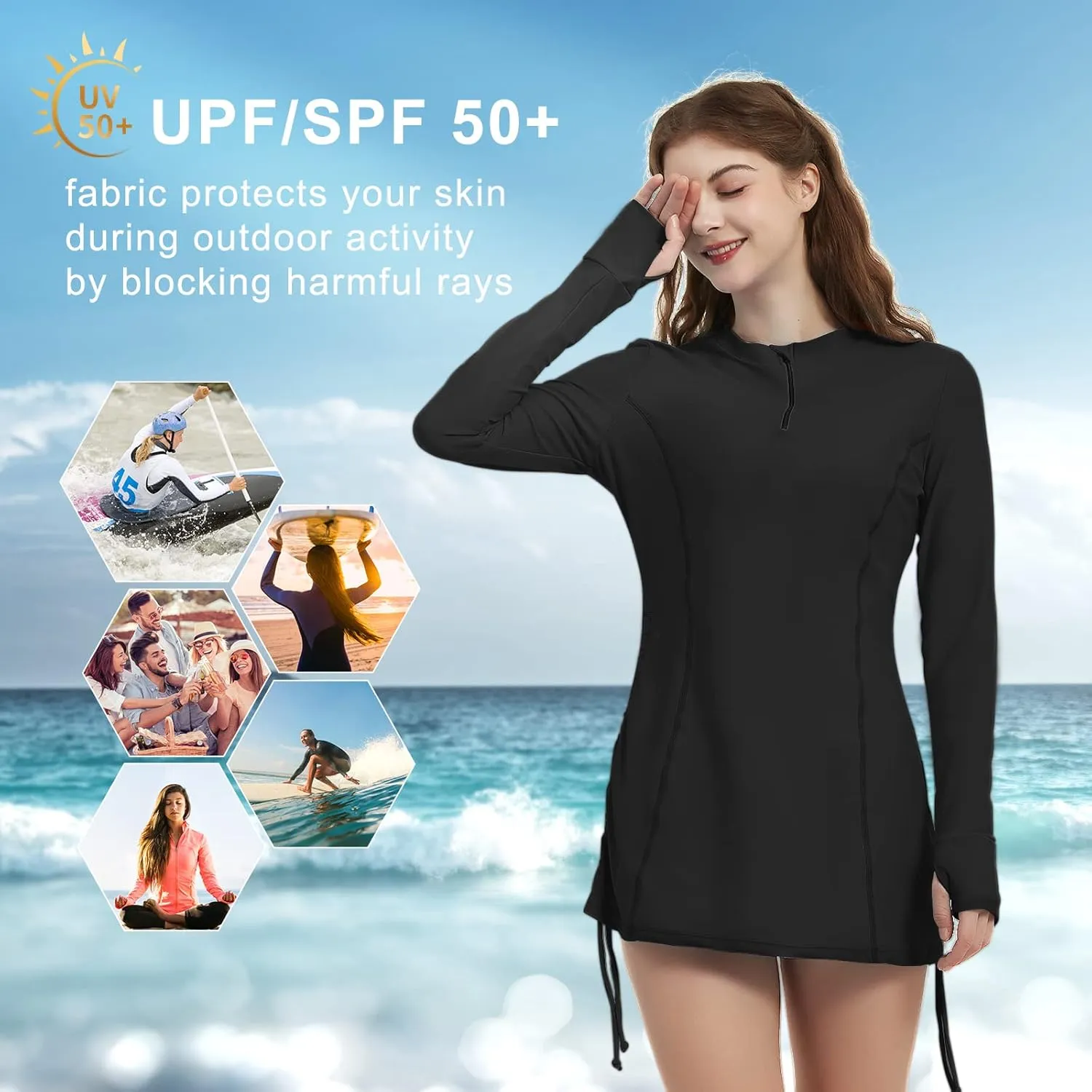 Women's Rash Guard Long Sleeve Sun Protection Clothing Half Zip Swim Shirt Side Adjustable Swimsuit Tops