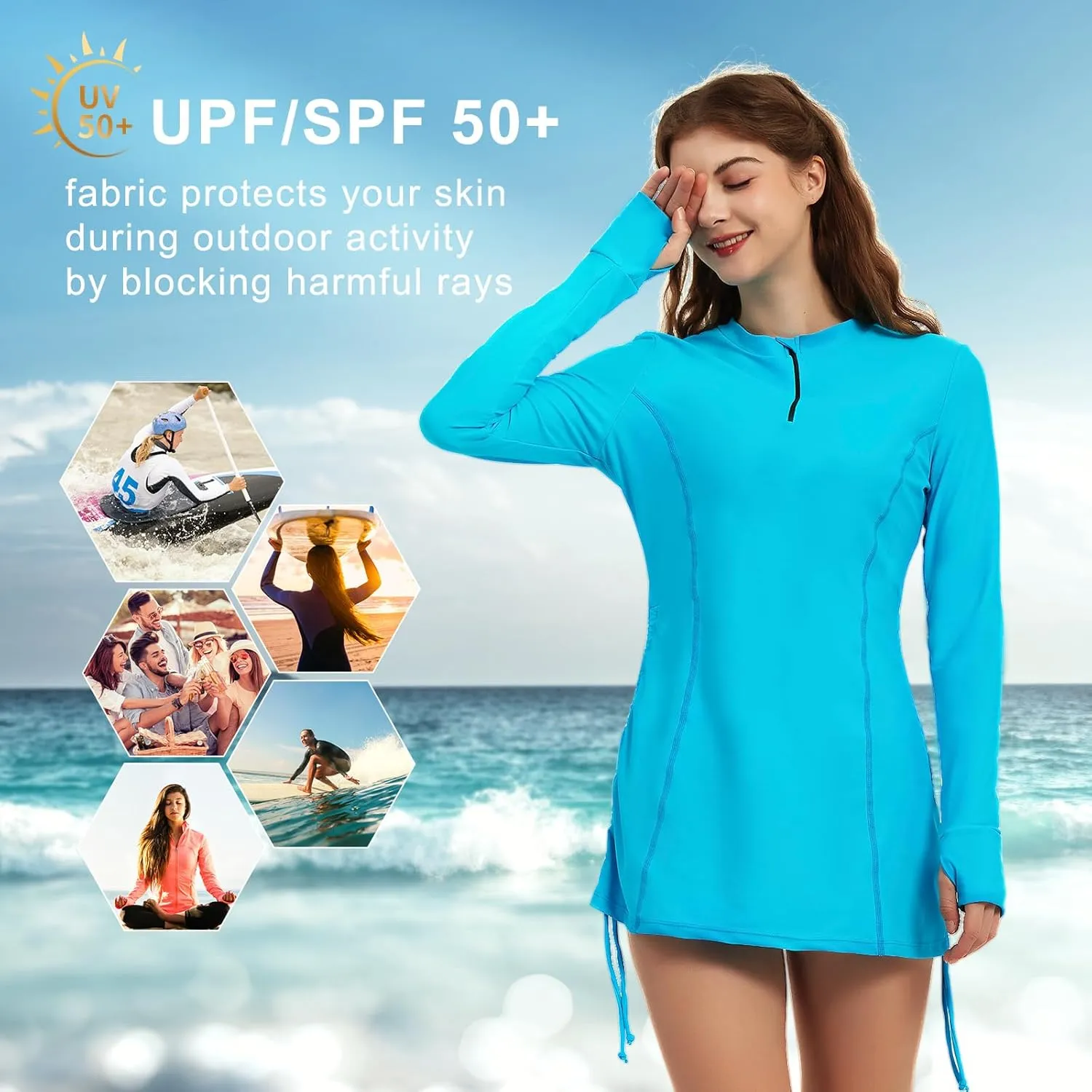 Women's Rash Guard Long Sleeve Sun Protection Clothing Half Zip Swim Shirt Side Adjustable Swimsuit Tops