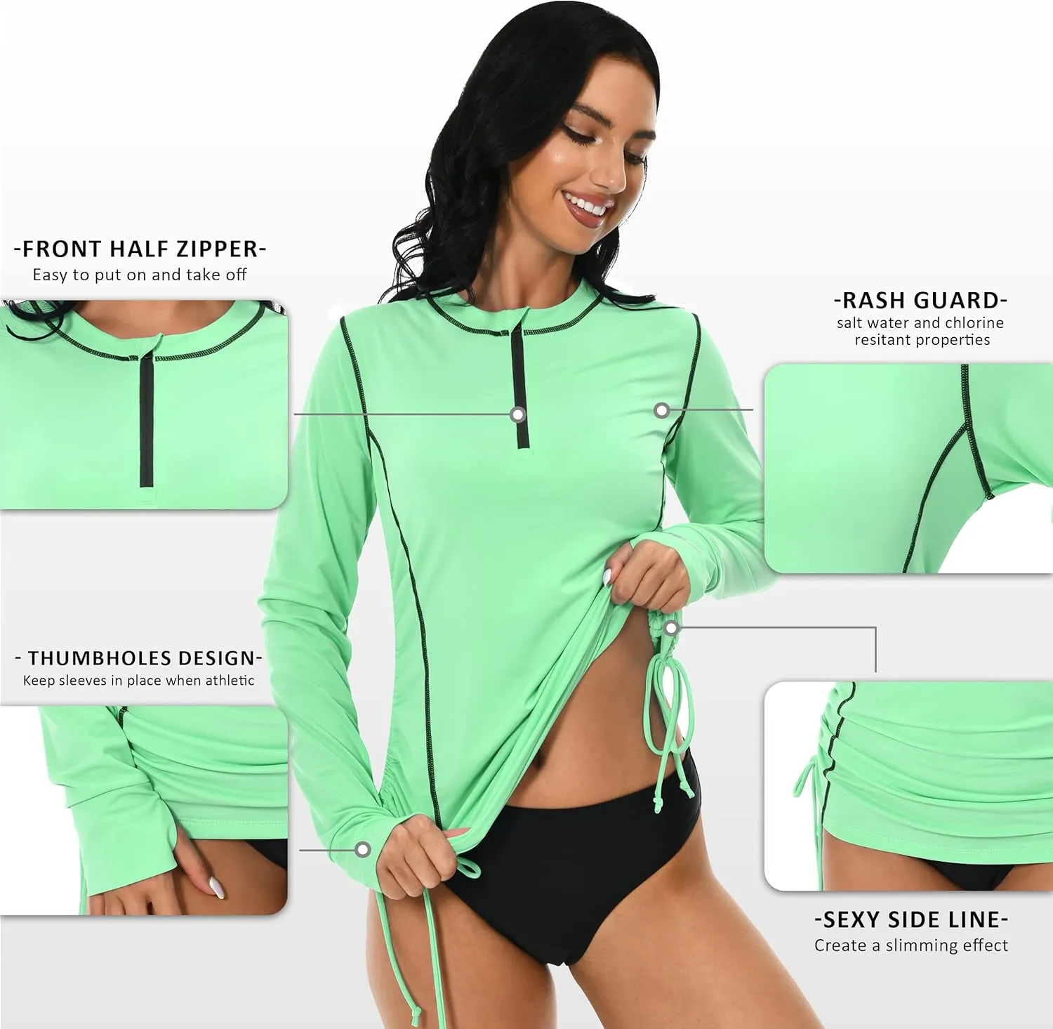 Womens Rash Guard UPF 50  UV Sun Protection Side Adjustable Long Sleeve Swim Shirt Half Zip Surfing Fishing Shirt
