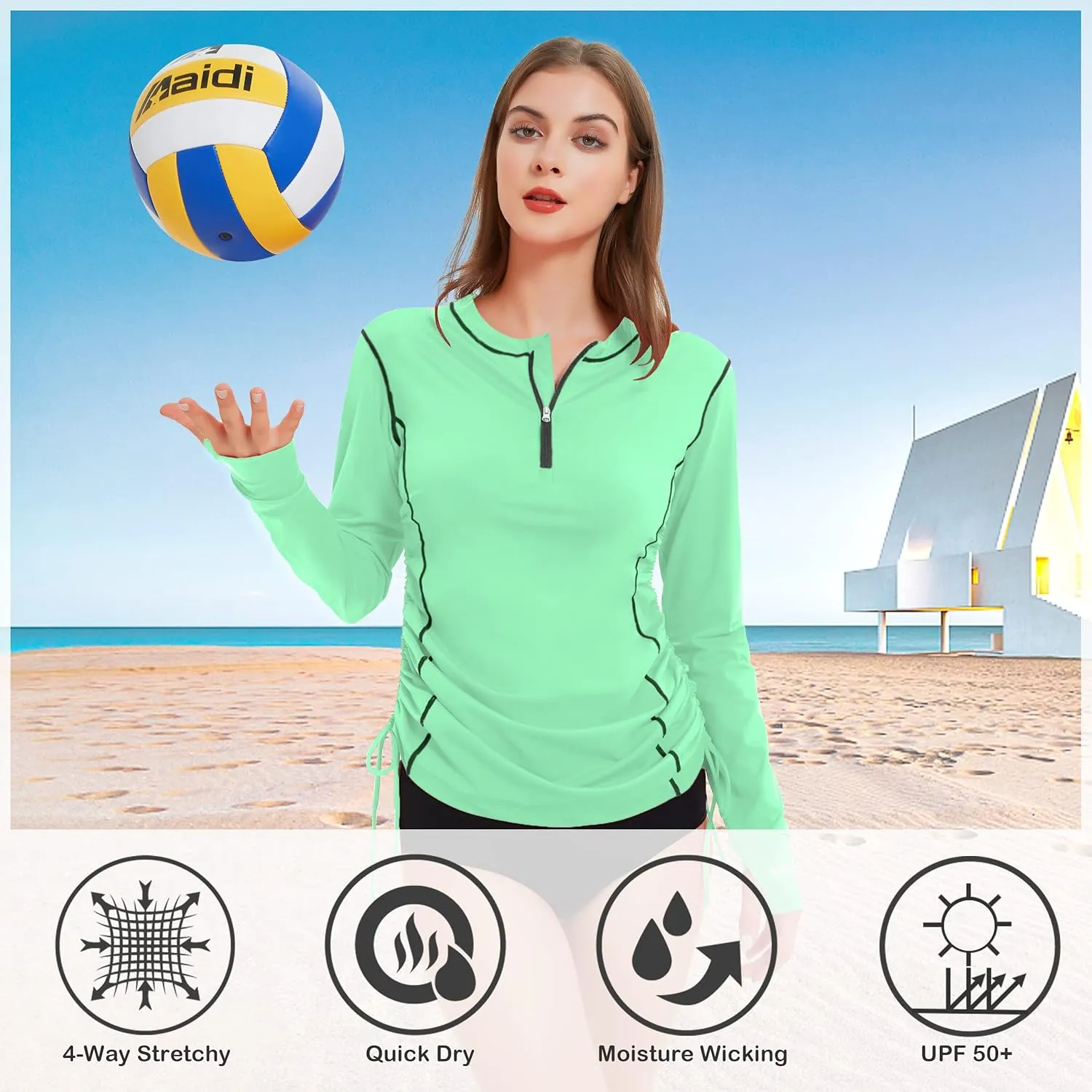 Womens Rash Guard UPF 50  UV Sun Protection Side Adjustable Long Sleeve Swim Shirt Half Zip Surfing Fishing Shirt