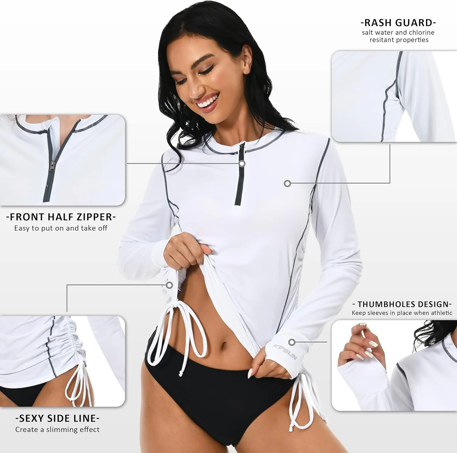 Womens Rash Guard UPF 50  UV Sun Protection Side Adjustable Long Sleeve Swim Shirt Half Zip Surfing Fishing Shirt