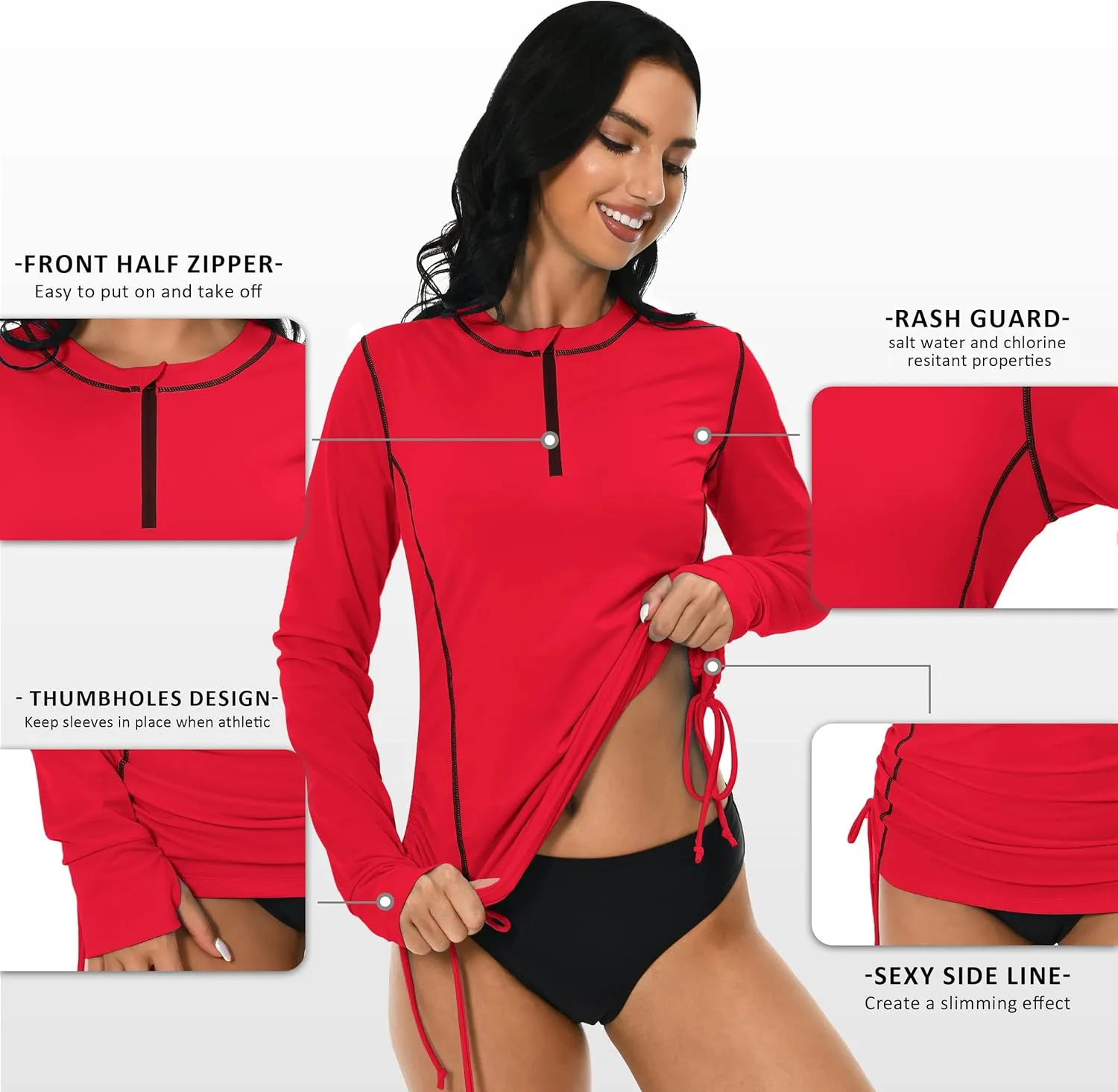 Womens Rash Guard UPF 50  UV Sun Protection Side Adjustable Long Sleeve Swim Shirt Half Zip Surfing Fishing Shirt