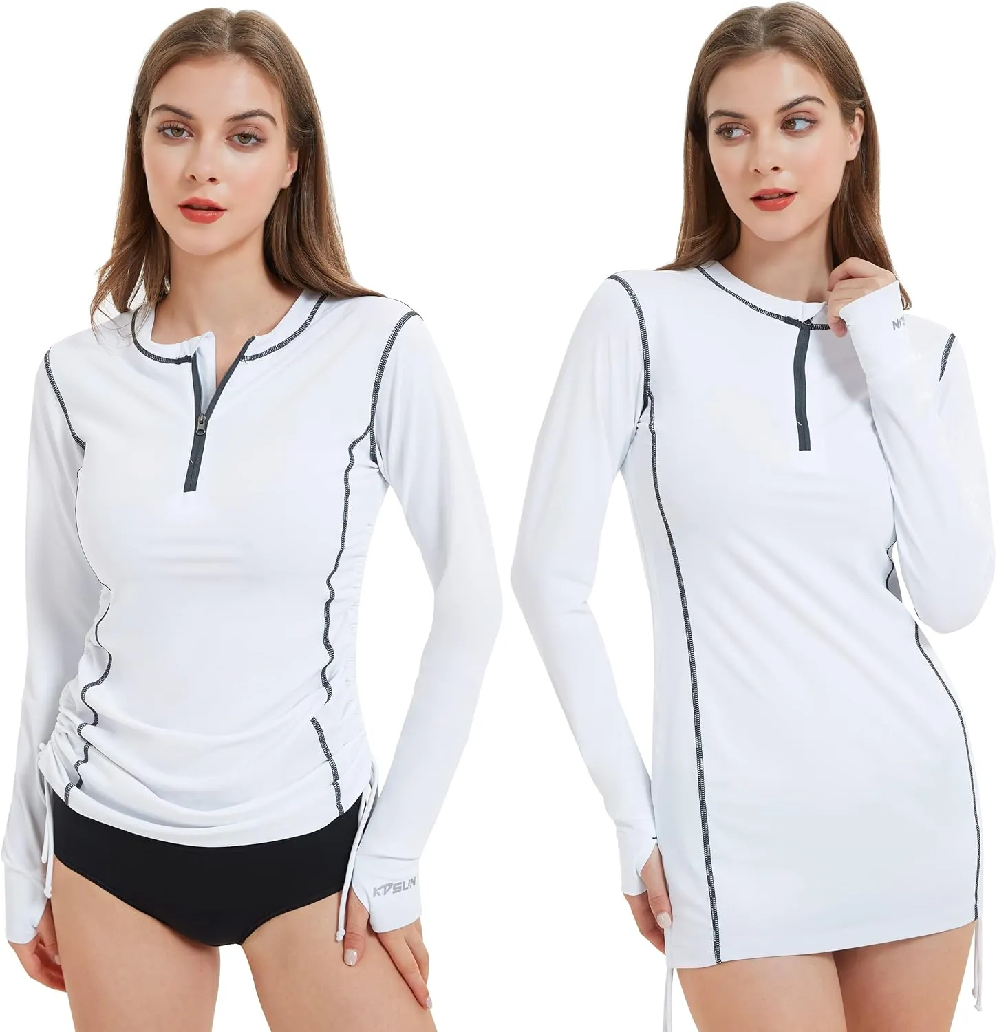 Womens Rash Guard UPF 50  UV Sun Protection Side Adjustable Long Sleeve Swim Shirt Half Zip Surfing Fishing Shirt