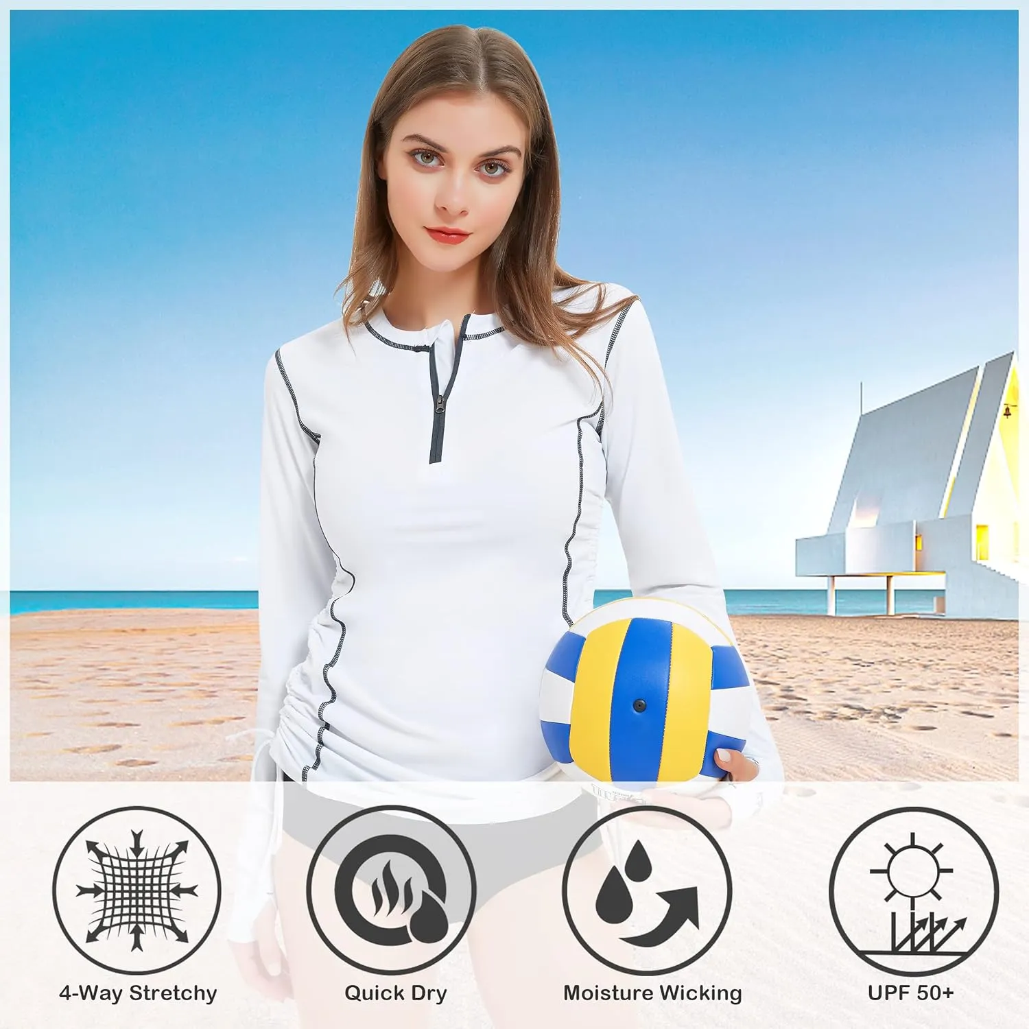 Womens Rash Guard UPF 50  UV Sun Protection Side Adjustable Long Sleeve Swim Shirt Half Zip Surfing Fishing Shirt