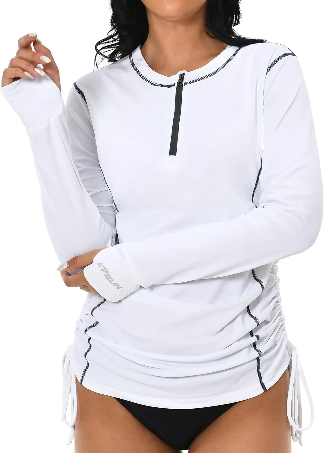 Womens Rash Guard UPF 50  UV Sun Protection Side Adjustable Long Sleeve Swim Shirt Half Zip Surfing Fishing Shirt