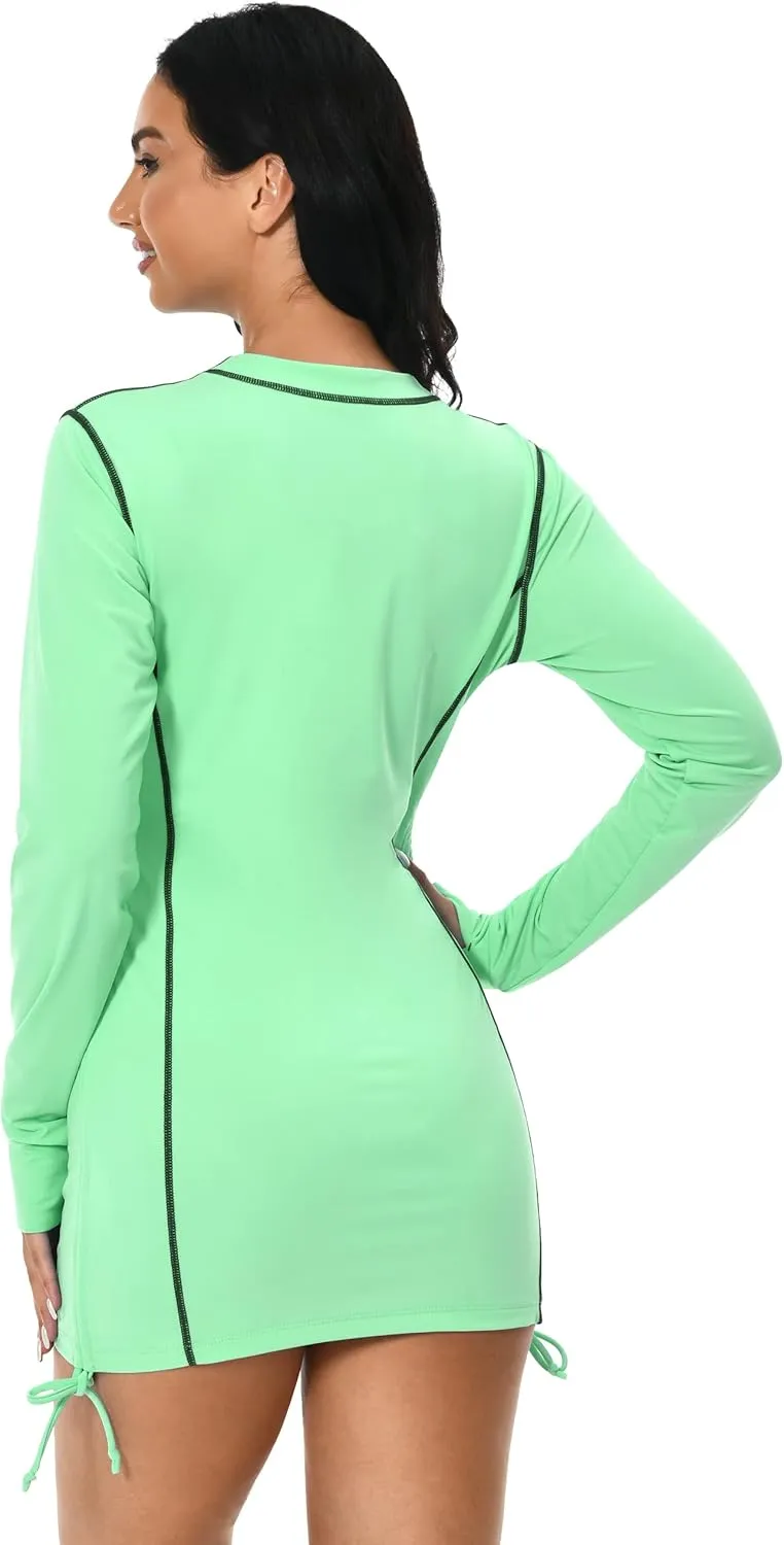 Womens Rash Guard UPF 50  UV Sun Protection Side Adjustable Long Sleeve Swim Shirt Half Zip Surfing Fishing Shirt