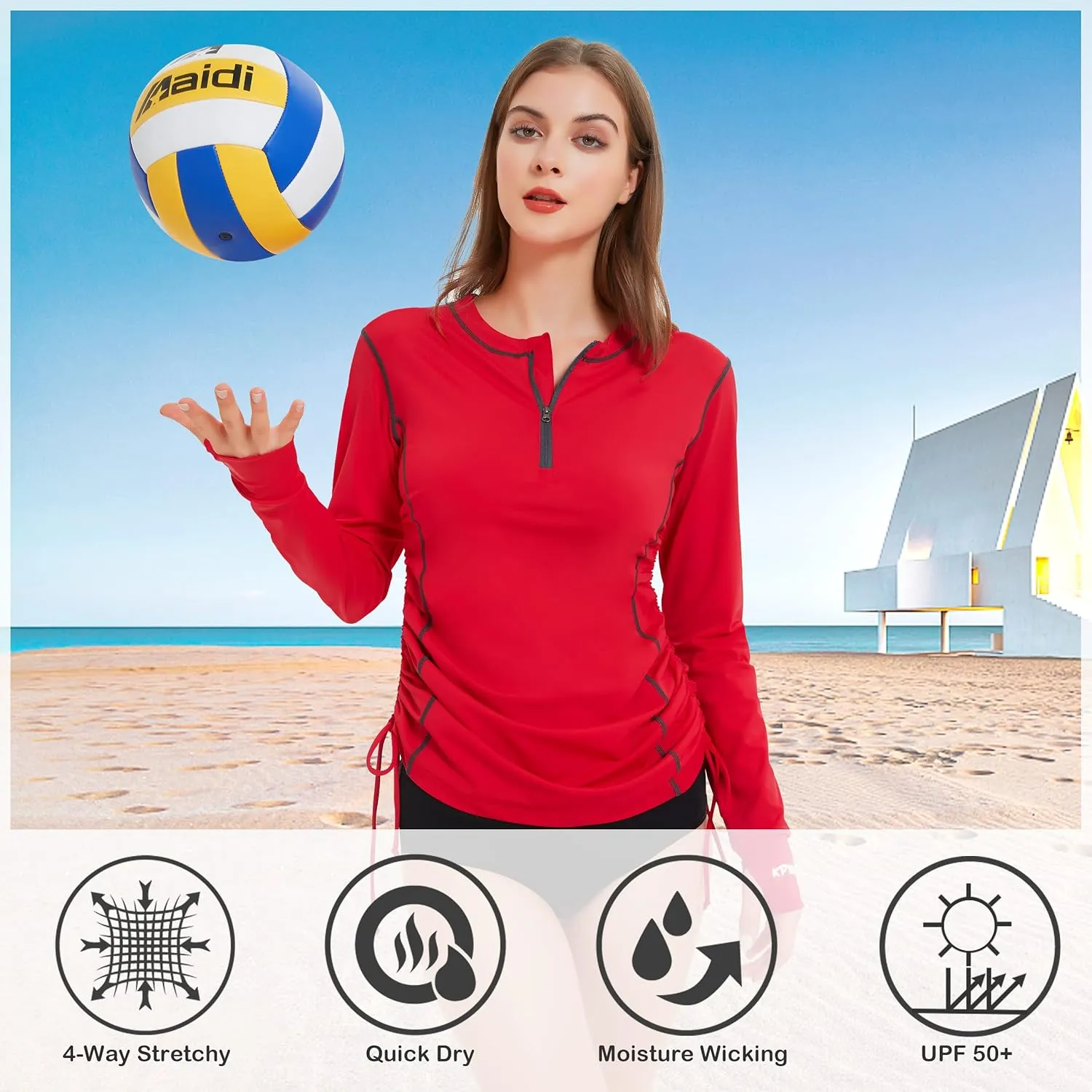 Womens Rash Guard UPF 50  UV Sun Protection Side Adjustable Long Sleeve Swim Shirt Half Zip Surfing Fishing Shirt