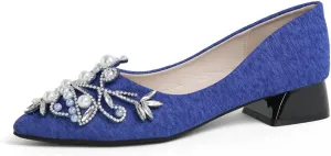 Women's Rhinestone Fashion Pointed Toe Pearl Diamond Low Heel Dress Wedding Work Business Dance Pumps