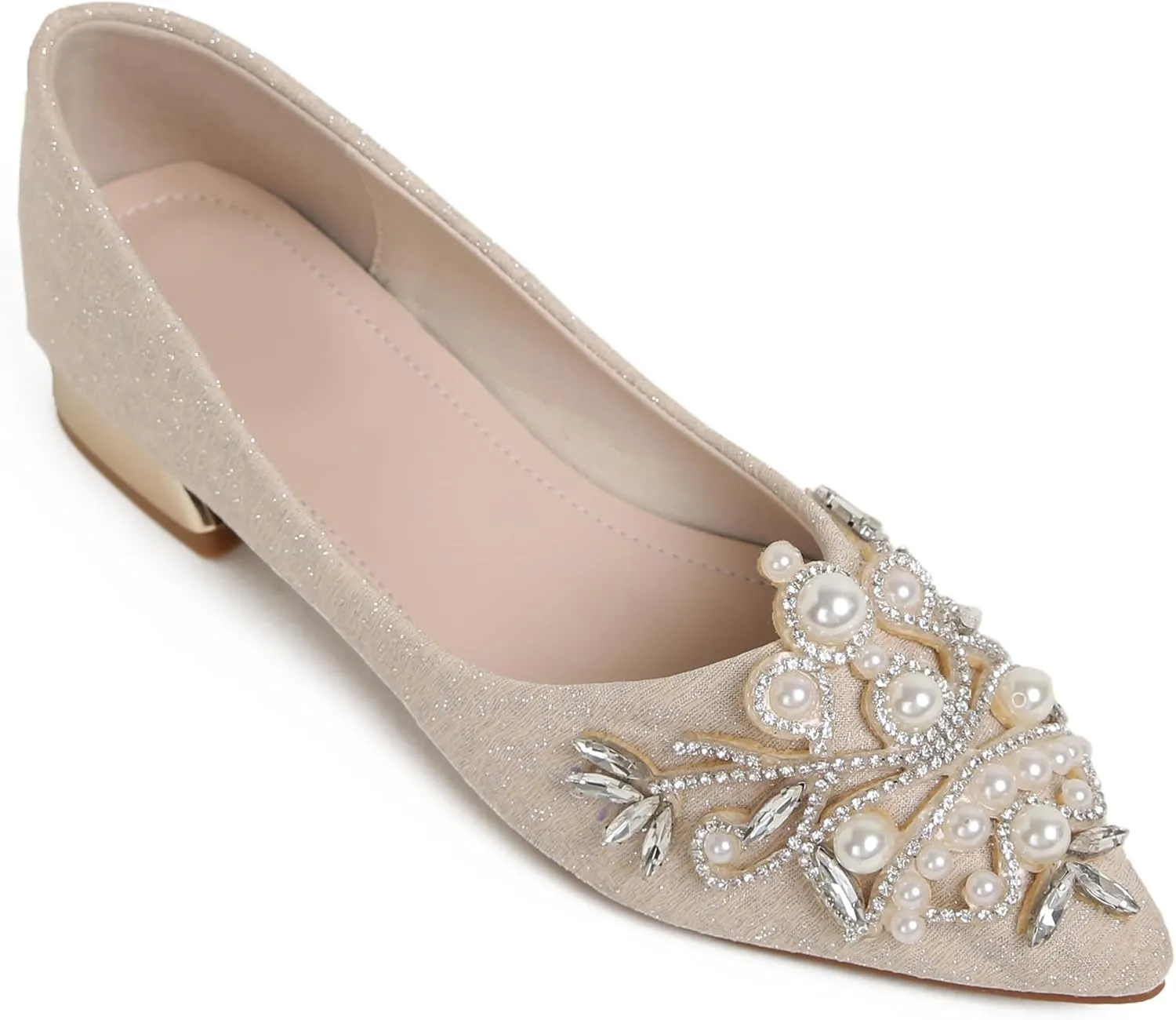Women's Rhinestone Fashion Pointed Toe Pearl Diamond Low Heel Dress Wedding Work Business Dance Pumps