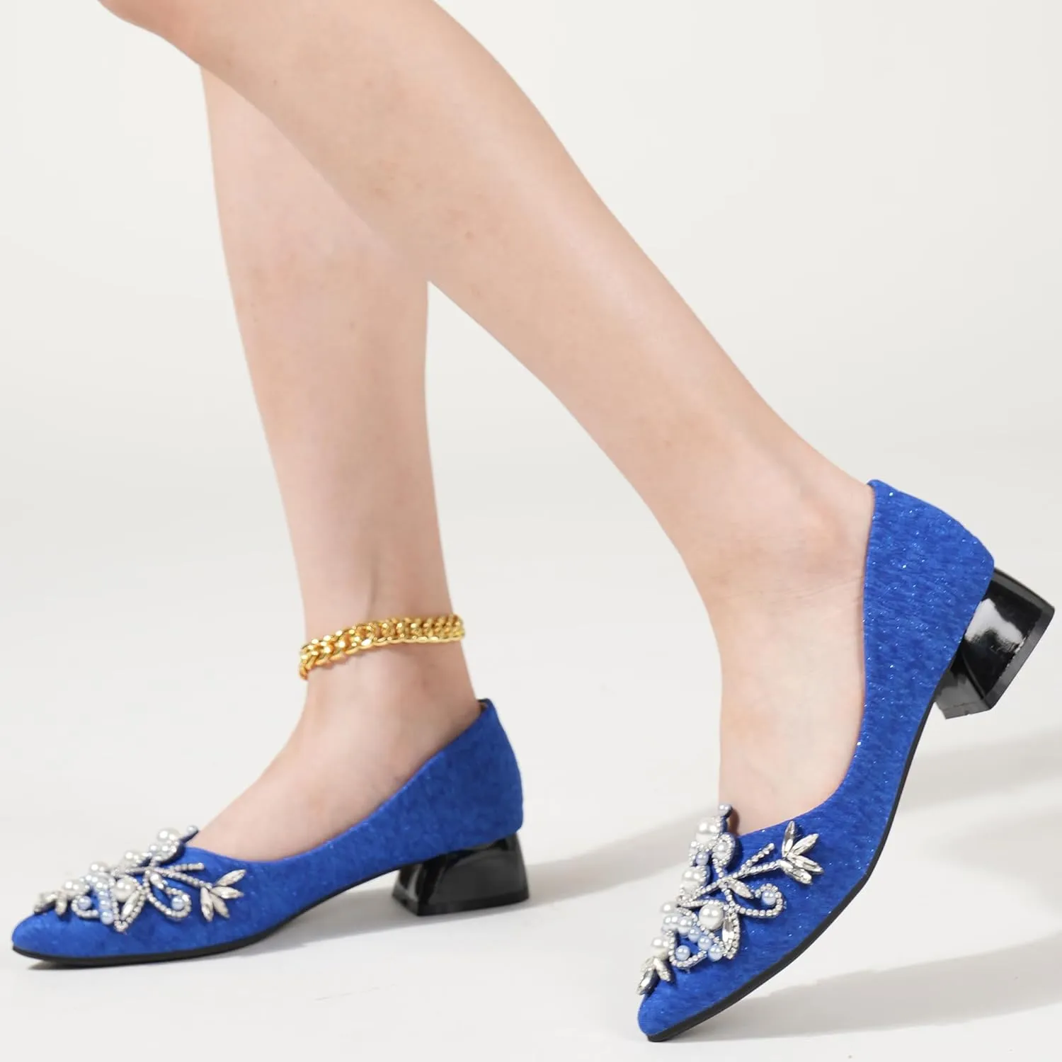 Women's Rhinestone Fashion Pointed Toe Pearl Diamond Low Heel Dress Wedding Work Business Dance Pumps