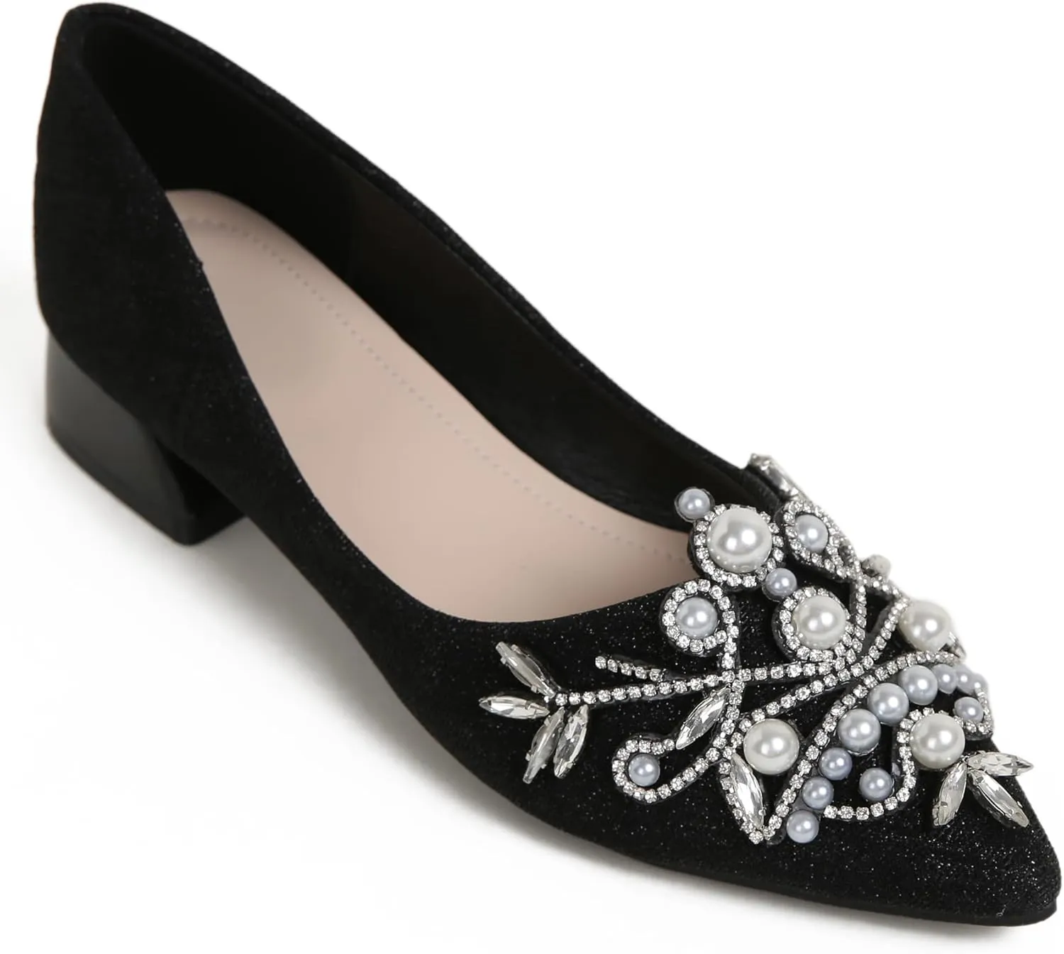 Women's Rhinestone Fashion Pointed Toe Pearl Diamond Low Heel Dress Wedding Work Business Dance Pumps