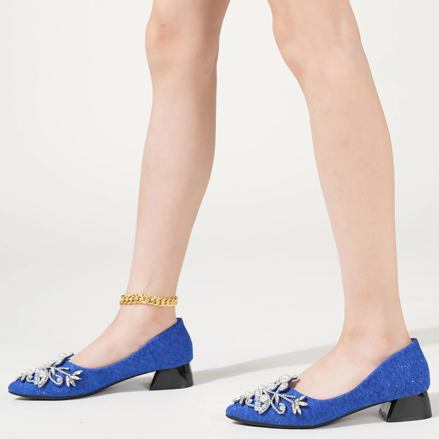 Women's Rhinestone Fashion Pointed Toe Pearl Diamond Low Heel Dress Wedding Work Business Dance Pumps