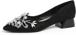 Women's Rhinestone Fashion Pointed Toe Pearl Diamond Low Heel Dress Wedding Work Business Dance Pumps