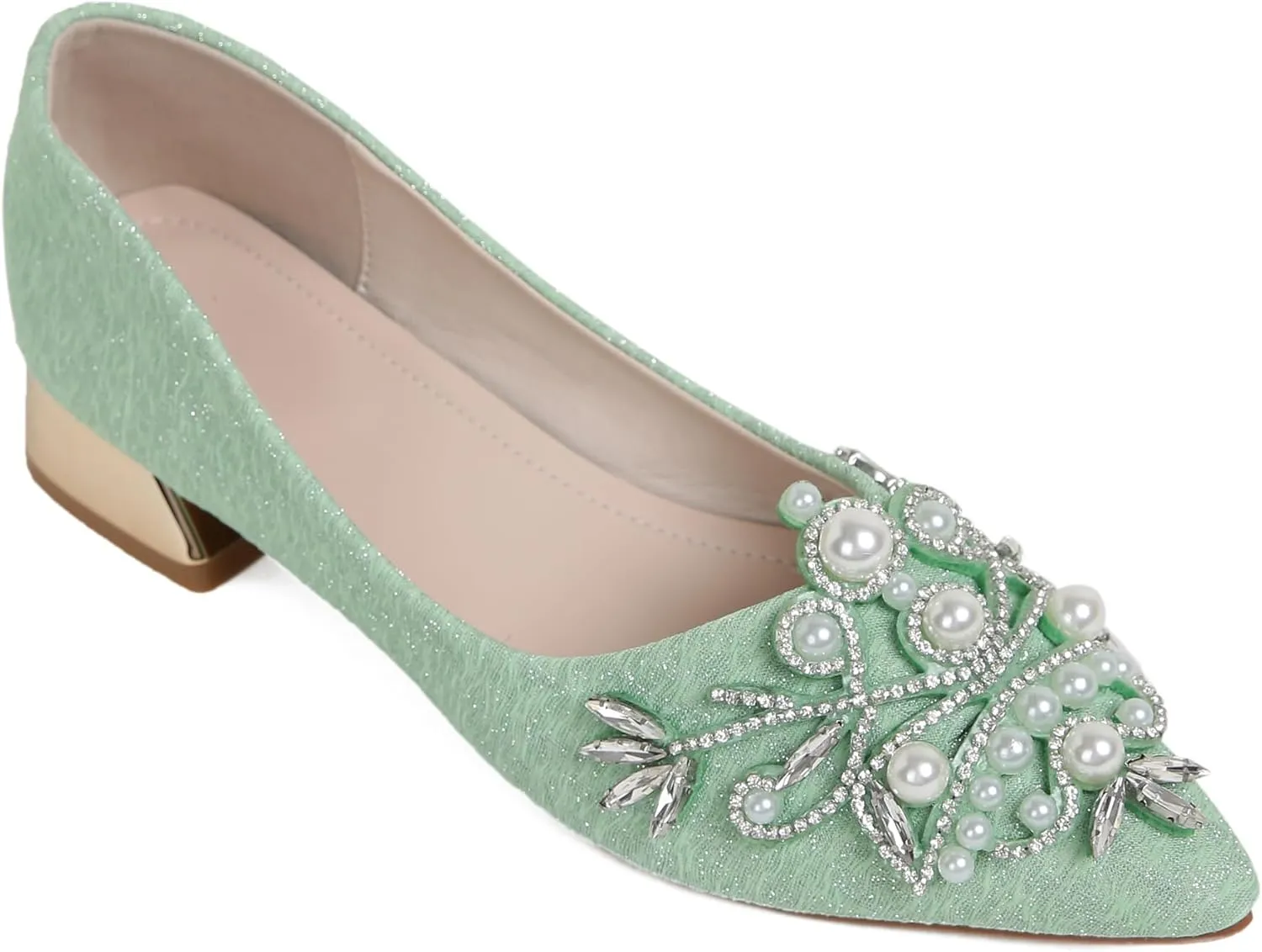 Women's Rhinestone Fashion Pointed Toe Pearl Diamond Low Heel Dress Wedding Work Business Dance Pumps