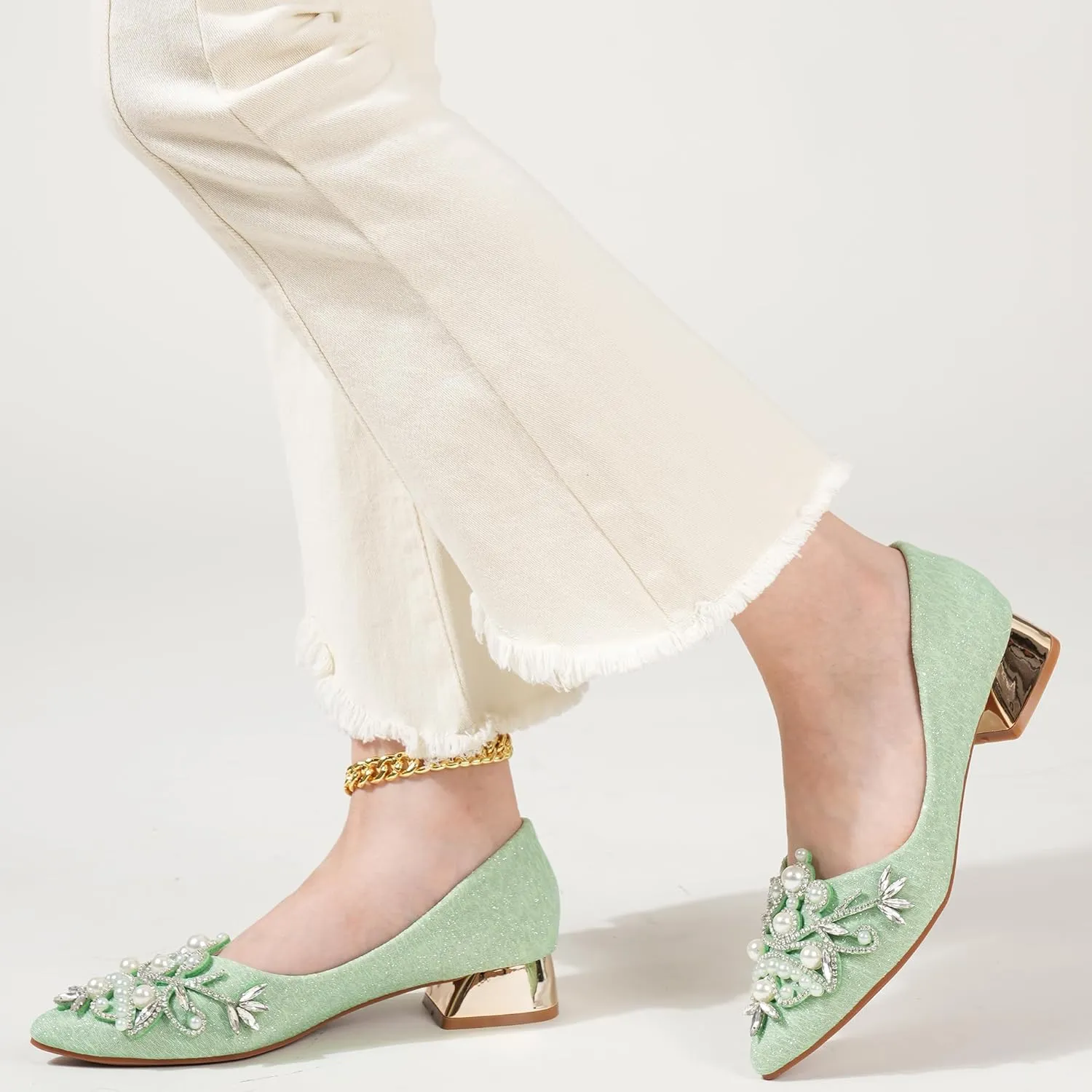 Women's Rhinestone Fashion Pointed Toe Pearl Diamond Low Heel Dress Wedding Work Business Dance Pumps