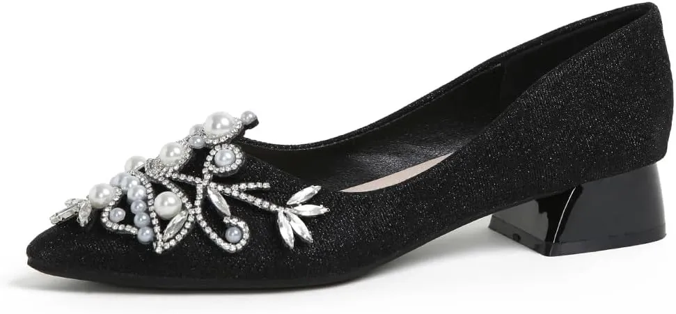 Women's Rhinestone Fashion Pointed Toe Pearl Diamond Low Heel Dress Wedding Work Business Dance Pumps