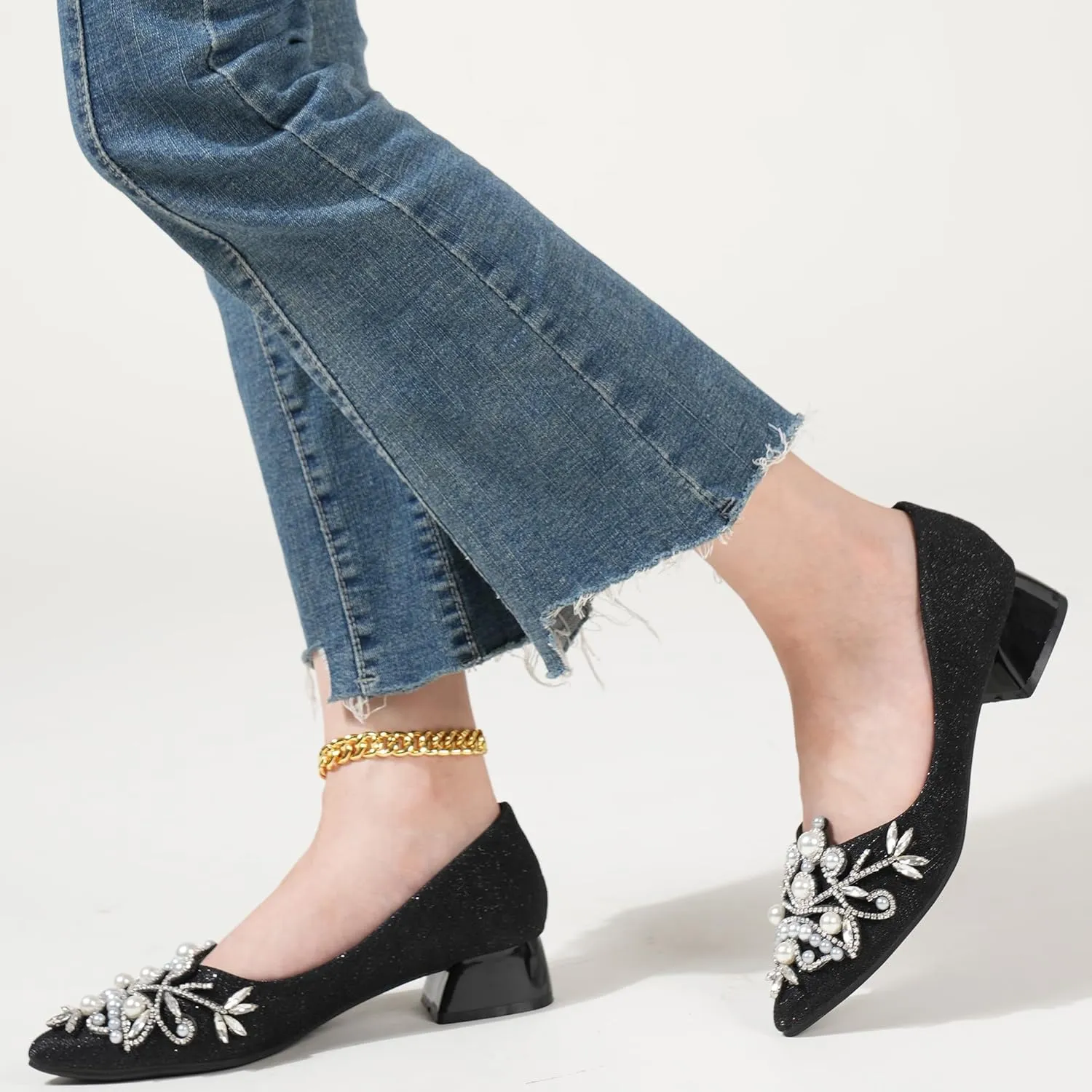 Women's Rhinestone Fashion Pointed Toe Pearl Diamond Low Heel Dress Wedding Work Business Dance Pumps