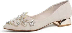 Women's Rhinestone Fashion Pointed Toe Pearl Diamond Low Heel Dress Wedding Work Business Dance Pumps