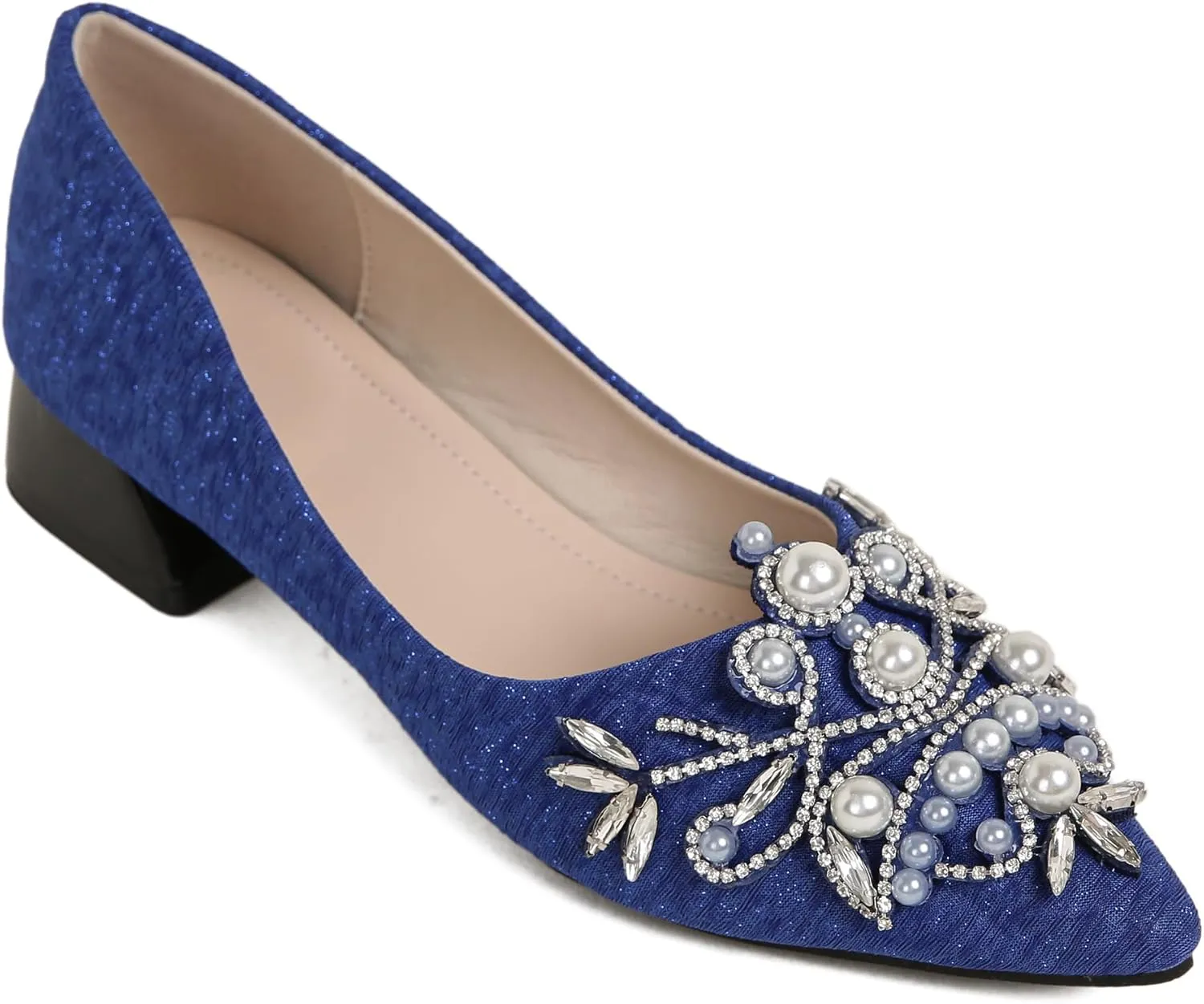 Women's Rhinestone Fashion Pointed Toe Pearl Diamond Low Heel Dress Wedding Work Business Dance Pumps