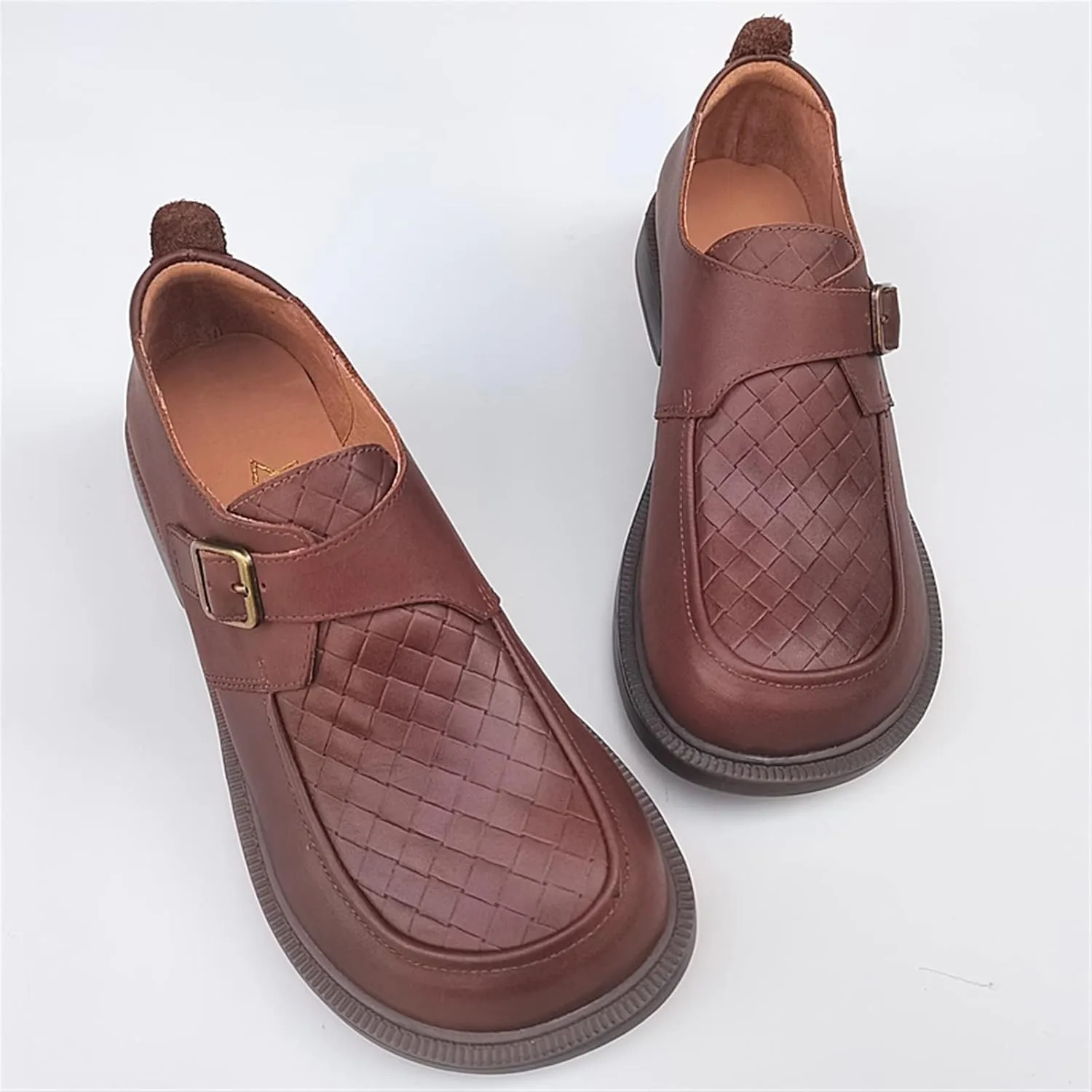 Womens Shoes Big Size Couple Cowhide Leather Women Shoes,Woven Pattern Breathable Leisure Work Business Man Single Shoes