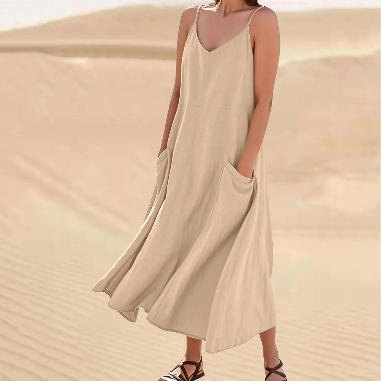 Women's Summer Cotton Linen Long Dress Sleeveless Elegant Flowy Beach Dresses Loose Comfy Maxi Dress with Pockets