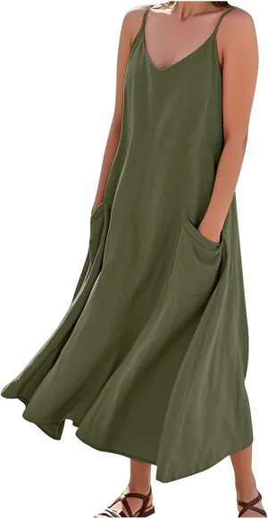 Women's Summer Cotton Linen Long Dress Sleeveless Elegant Flowy Beach Dresses Loose Comfy Maxi Dress with Pockets