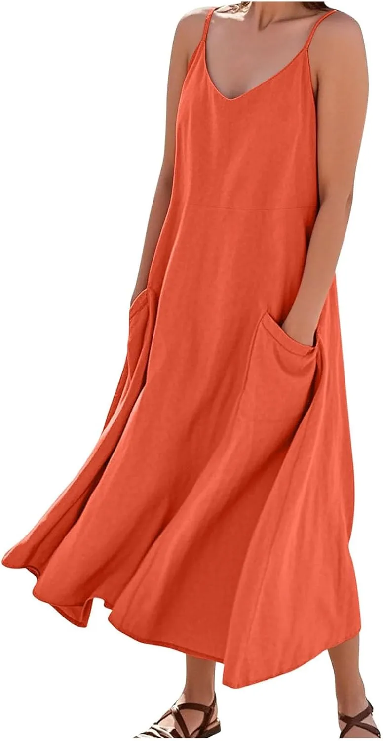 Women's Summer Cotton Linen Long Dress Sleeveless Elegant Flowy Beach Dresses Loose Comfy Maxi Dress with Pockets