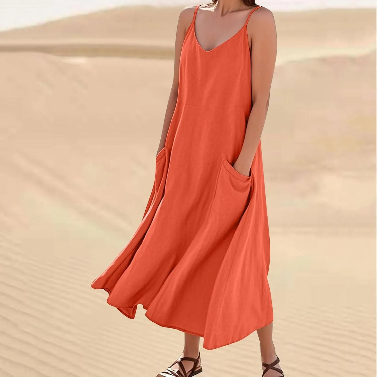 Women's Summer Cotton Linen Long Dress Sleeveless Elegant Flowy Beach Dresses Loose Comfy Maxi Dress with Pockets