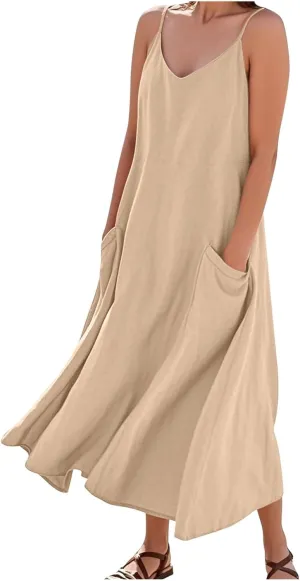 Women's Summer Cotton Linen Long Dress Sleeveless Elegant Flowy Beach Dresses Loose Comfy Maxi Dress with Pockets