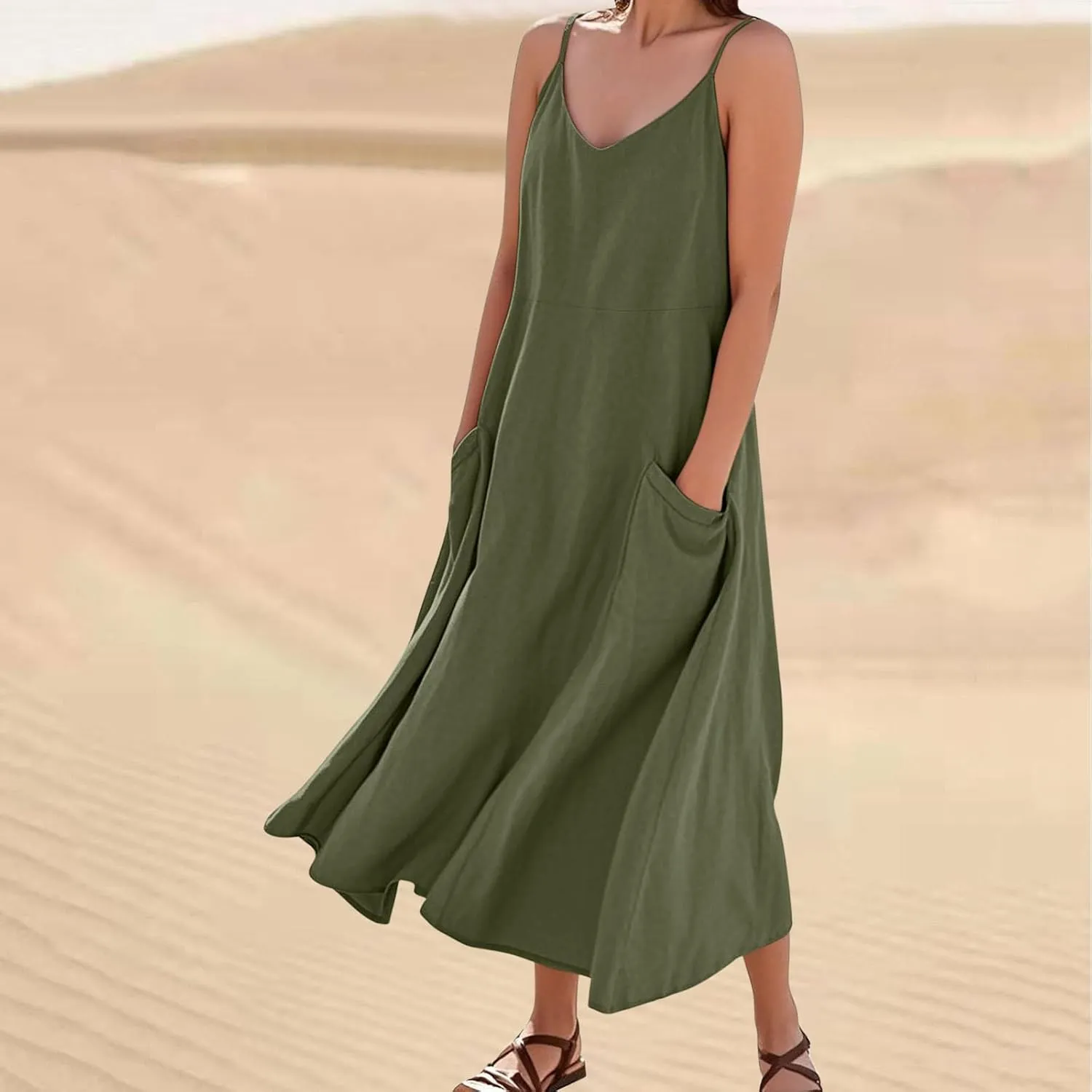 Women's Summer Cotton Linen Long Dress Sleeveless Elegant Flowy Beach Dresses Loose Comfy Maxi Dress with Pockets