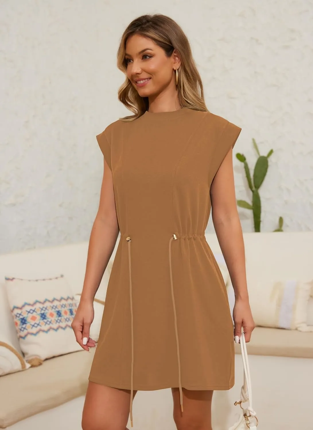 Womens Summer Dresses Cap Sleeve Crew Neck Casual Loose T Shirt Dress Drawstring Waist Dress with Pockets
