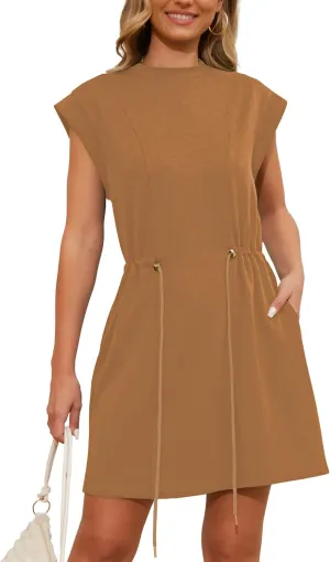 Womens Summer Dresses Cap Sleeve Crew Neck Casual Loose T Shirt Dress Drawstring Waist Dress with Pockets