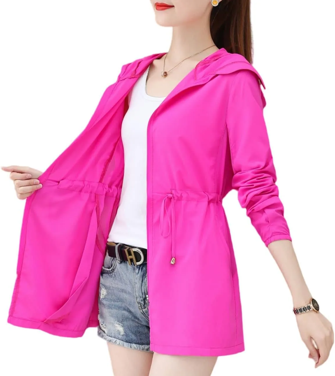 Womens sun protection clothing summer riding medium length hooded UV protection zipper sunscreen shirt