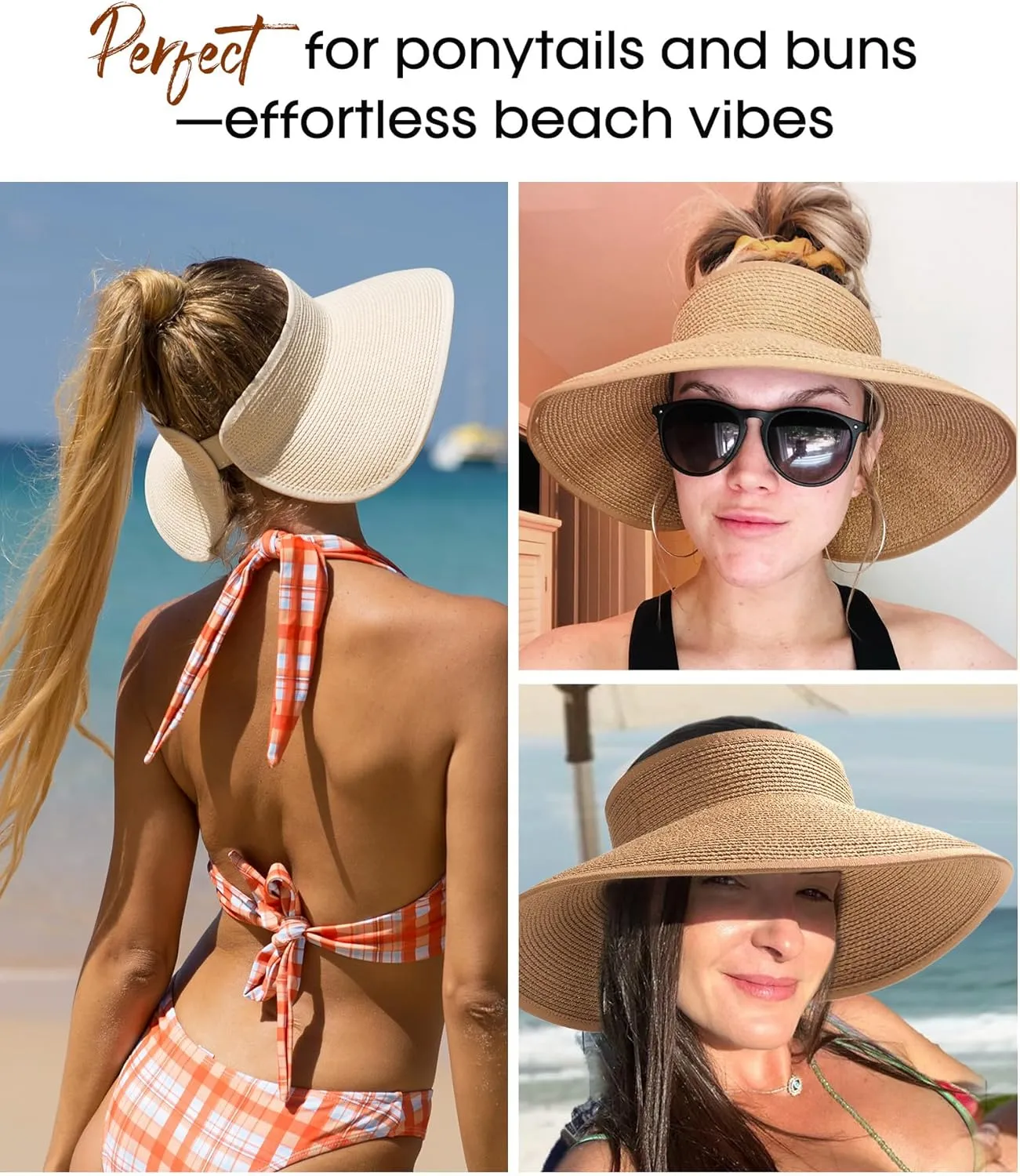 Womens Sun Visor Hats Wide Brim Straw Beach Hat UV Protection Ponytail Packable Beach Vacation Essentials