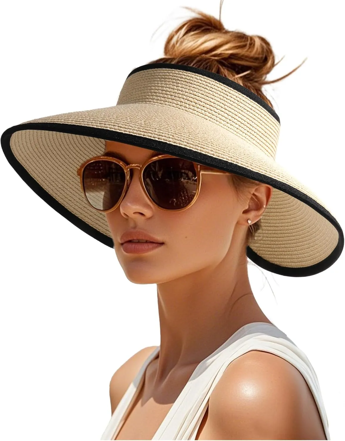 Womens Sun Visor Hats Wide Brim Straw Beach Hat UV Protection Ponytail Packable Beach Vacation Essentials