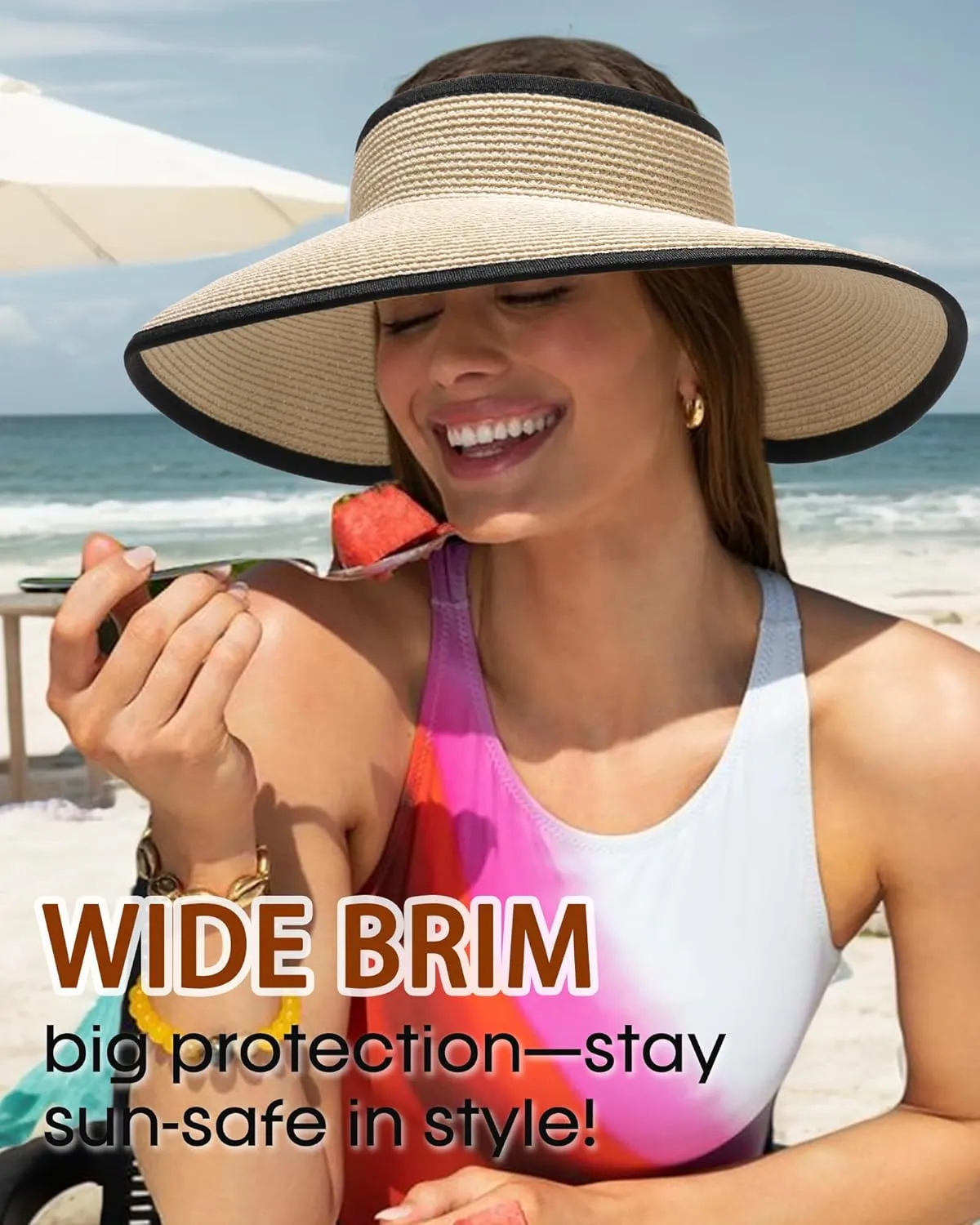 Womens Sun Visor Hats Wide Brim Straw Beach Hat UV Protection Ponytail Packable Beach Vacation Essentials