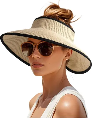 Womens Sun Visor Hats Wide Brim Straw Beach Hat UV Protection Ponytail Packable Beach Vacation Essentials