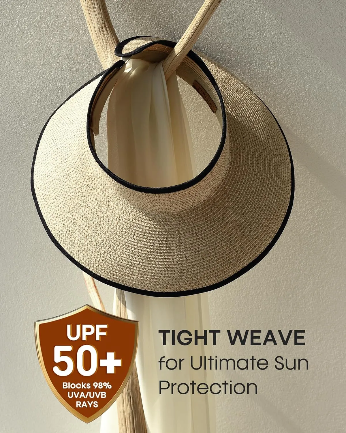 Womens Sun Visor Hats Wide Brim Straw Beach Hat UV Protection Ponytail Packable Beach Vacation Essentials