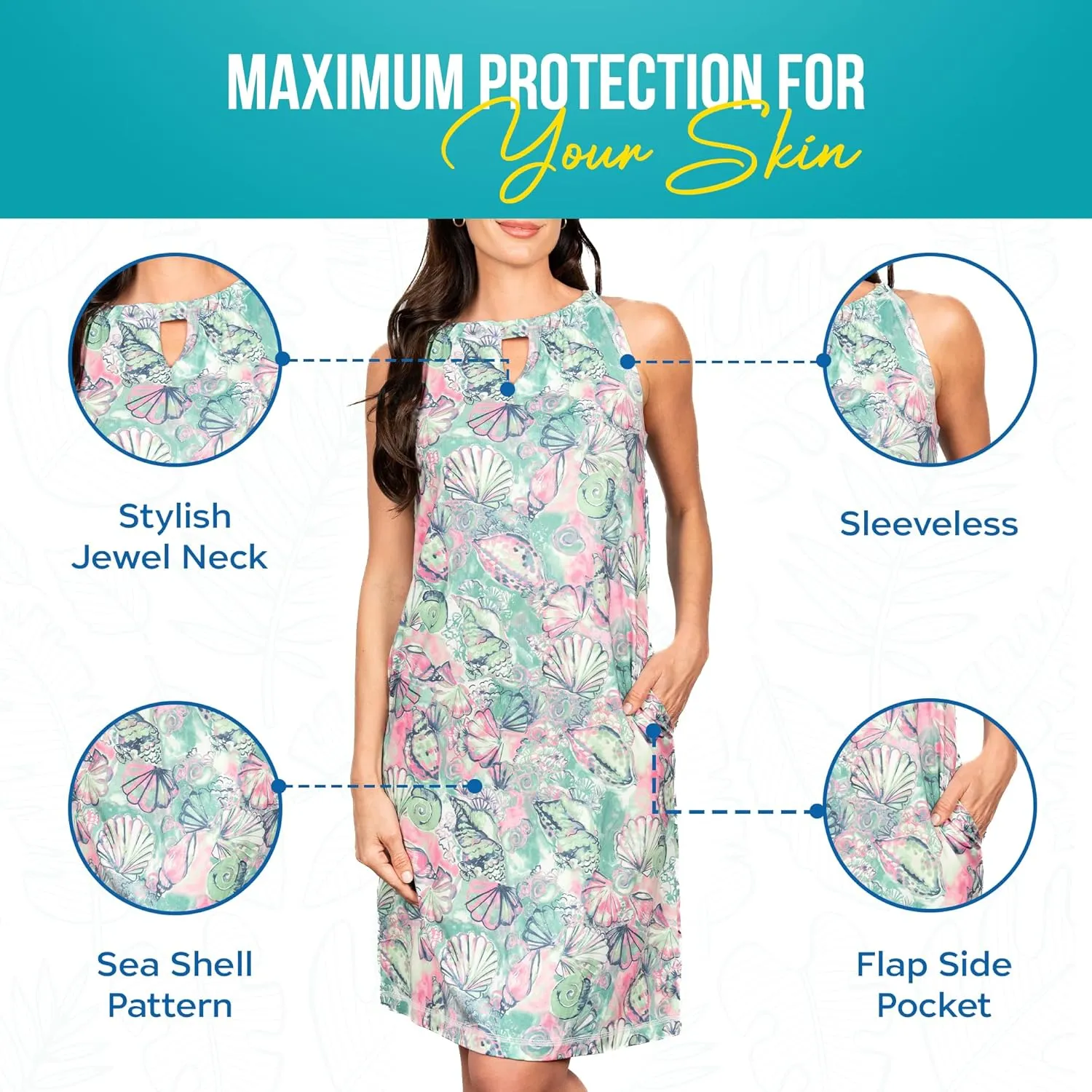 Women's UPF 50  Sleeveless Jewel Neck Shift Dress (Sun Protective Clothing for Women) Approved by Melanoma Foundation