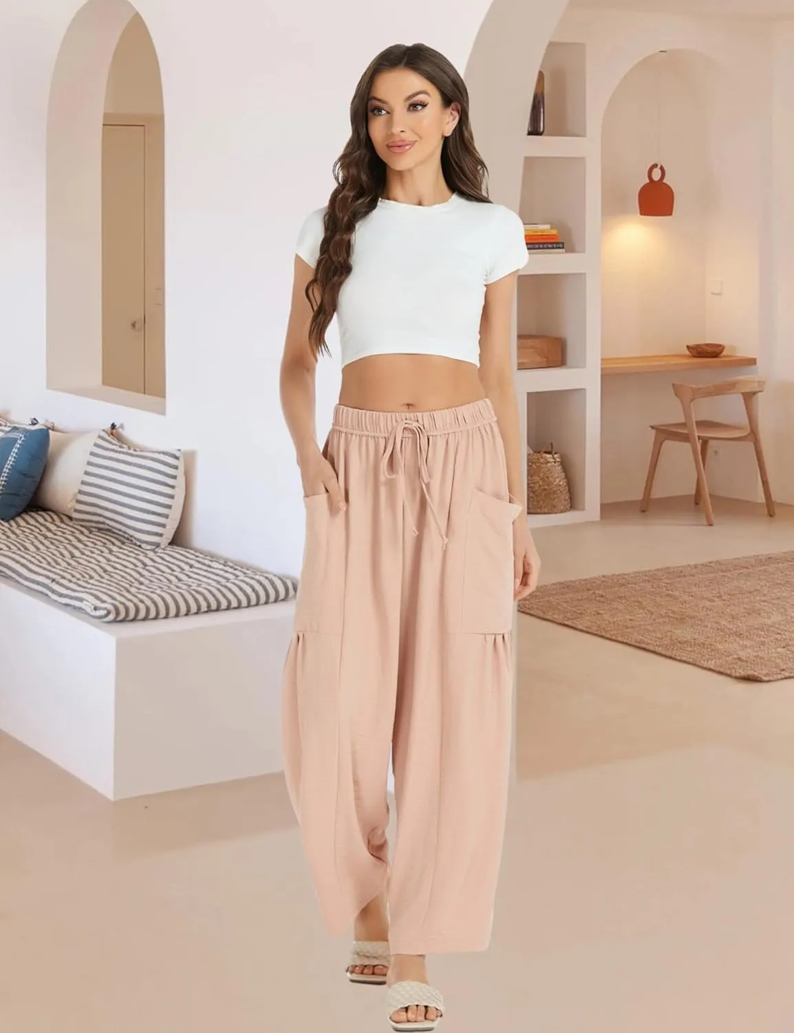 Womens Wide Leg Elastic Waist Beach Pants Summer Casual Baggy Palazzo Harem Pants Trousers with Pockets