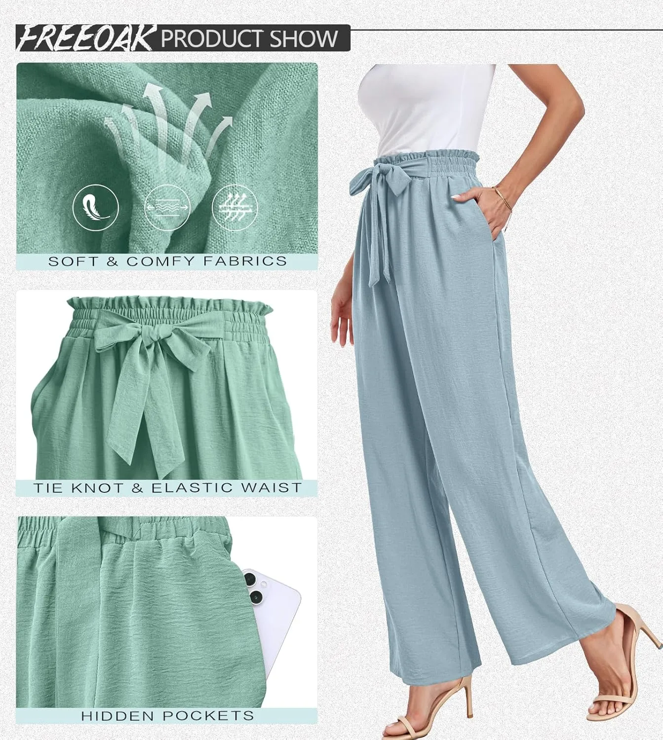 Womens Wide Leg Pants High Waist Flowy Adjustable Knot Loose Trousers Casuals Lounge Business Pants with Pockets