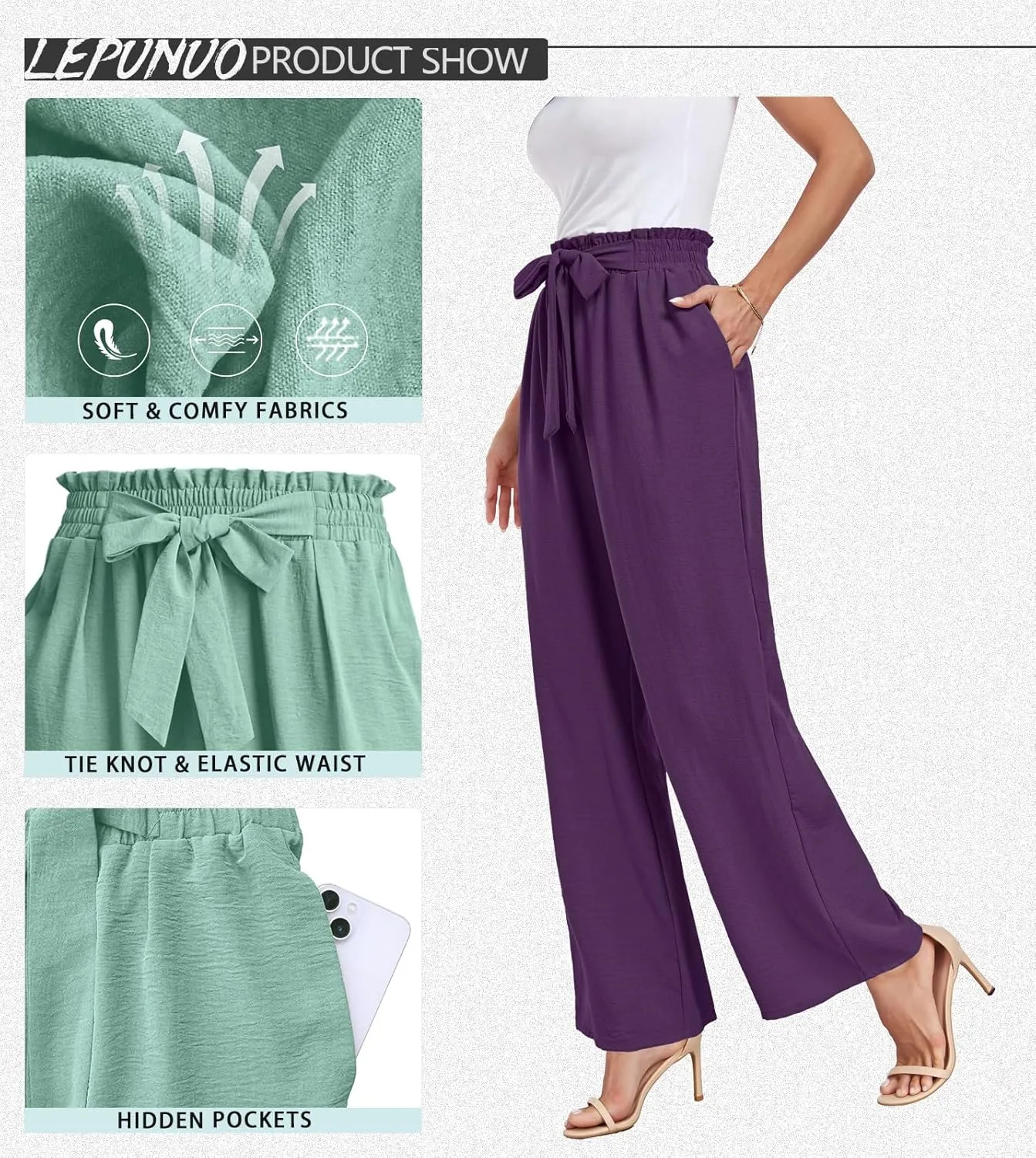 Womens Wide Leg Pants High Waist Flowy Adjustable Knot Loose Trousers Casuals Lounge Business Pants with Pockets