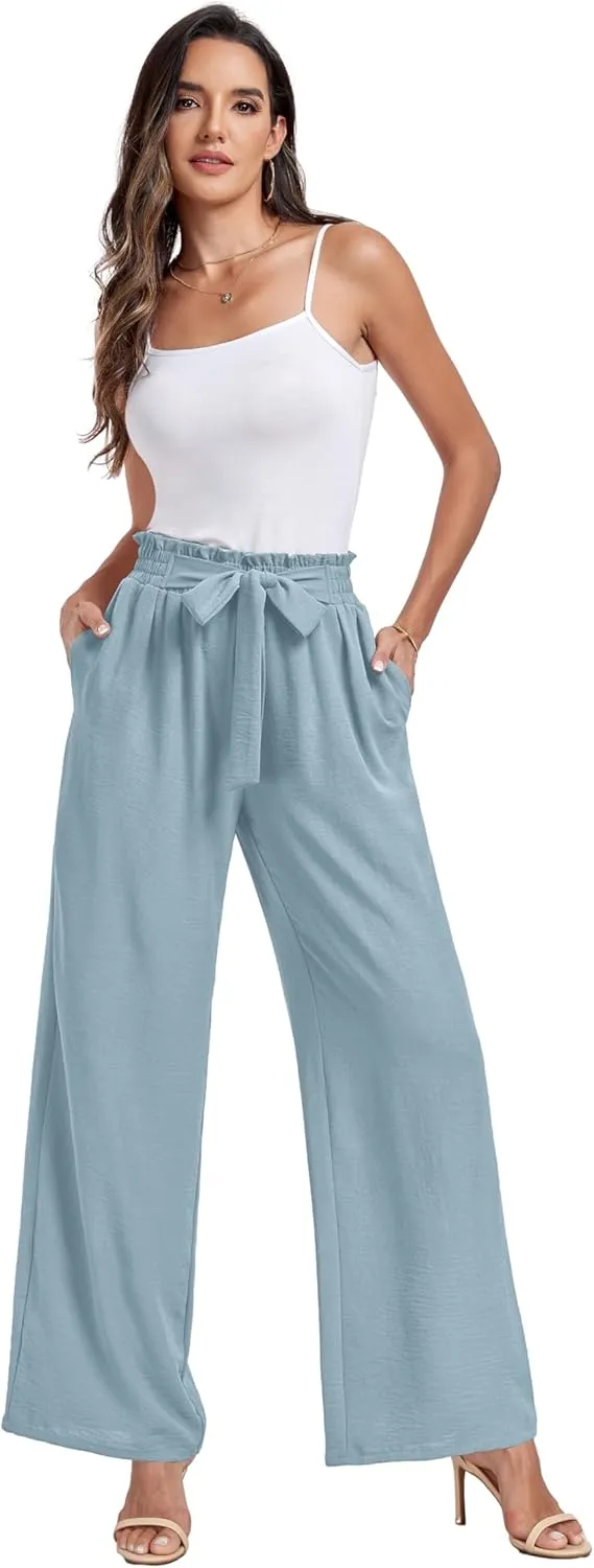 Womens Wide Leg Pants High Waist Flowy Adjustable Knot Loose Trousers Casuals Lounge Business Pants with Pockets