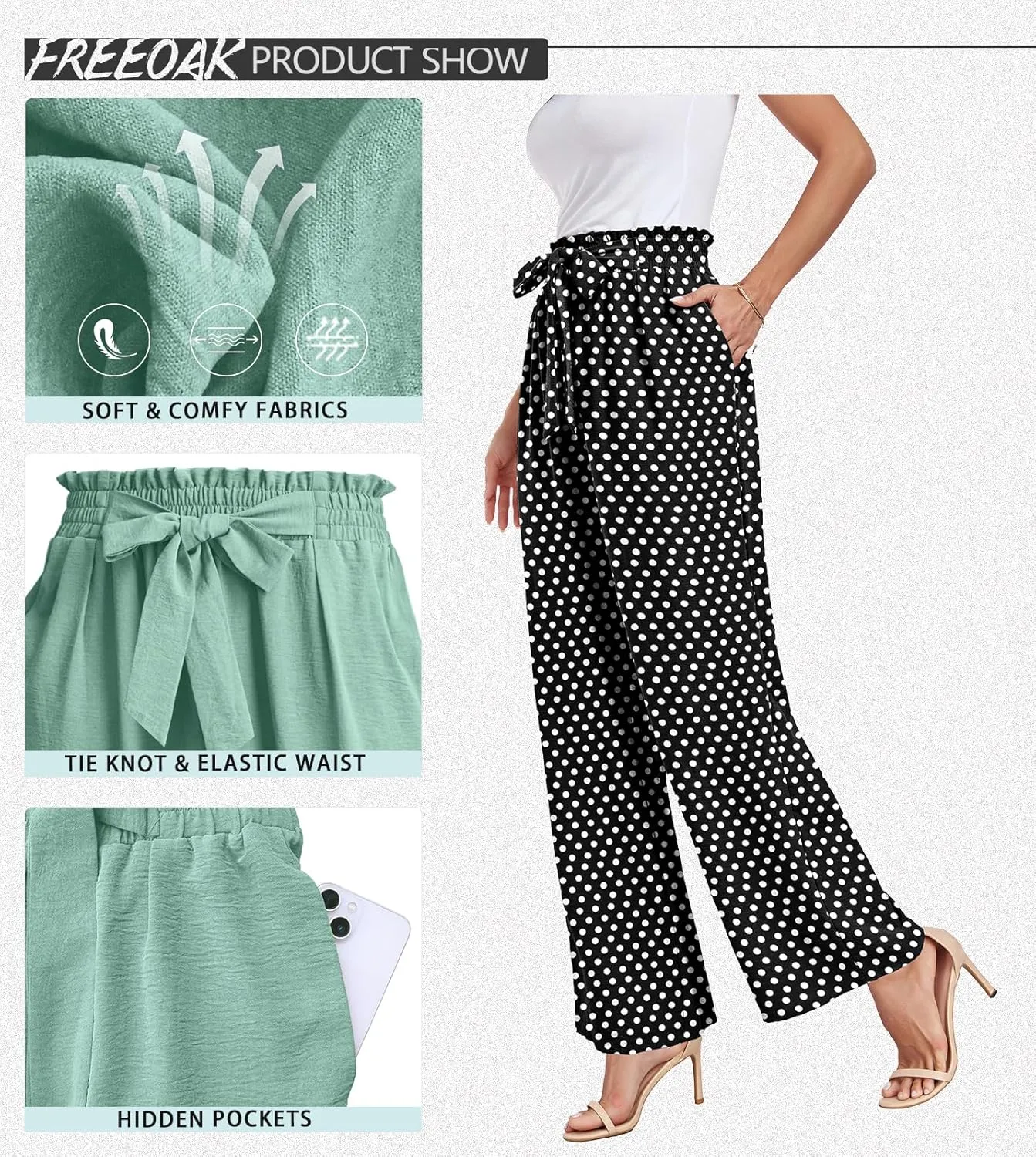 Womens Wide Leg Pants High Waist Flowy Adjustable Knot Loose Trousers Casuals Lounge Business Pants with Pockets